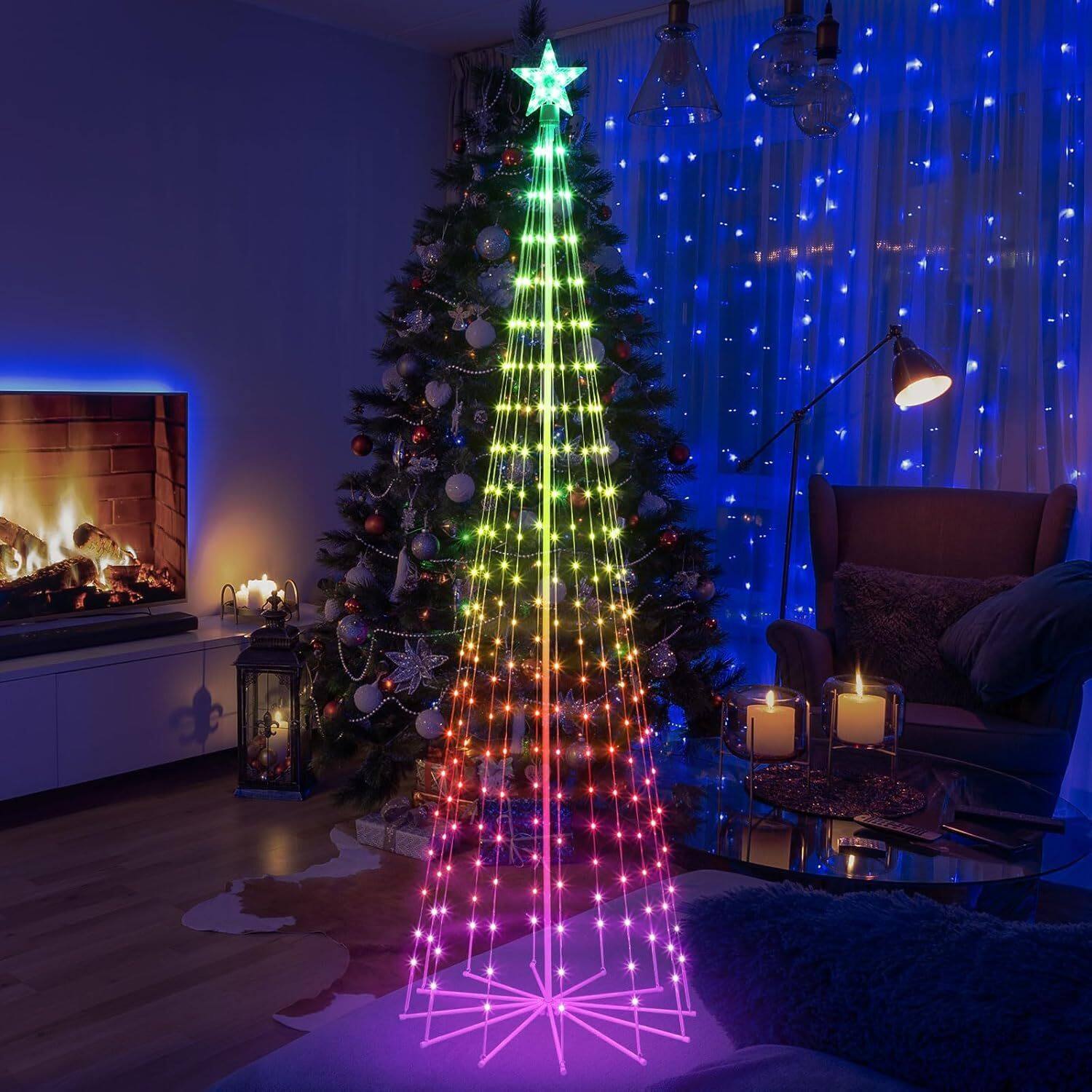 Front. Oumilen - 6FT RGB LED Light Show Tree – 16‑Color Remote Cone Light with Star Topper, 10 Modes for Indoor Outdoor Decor.