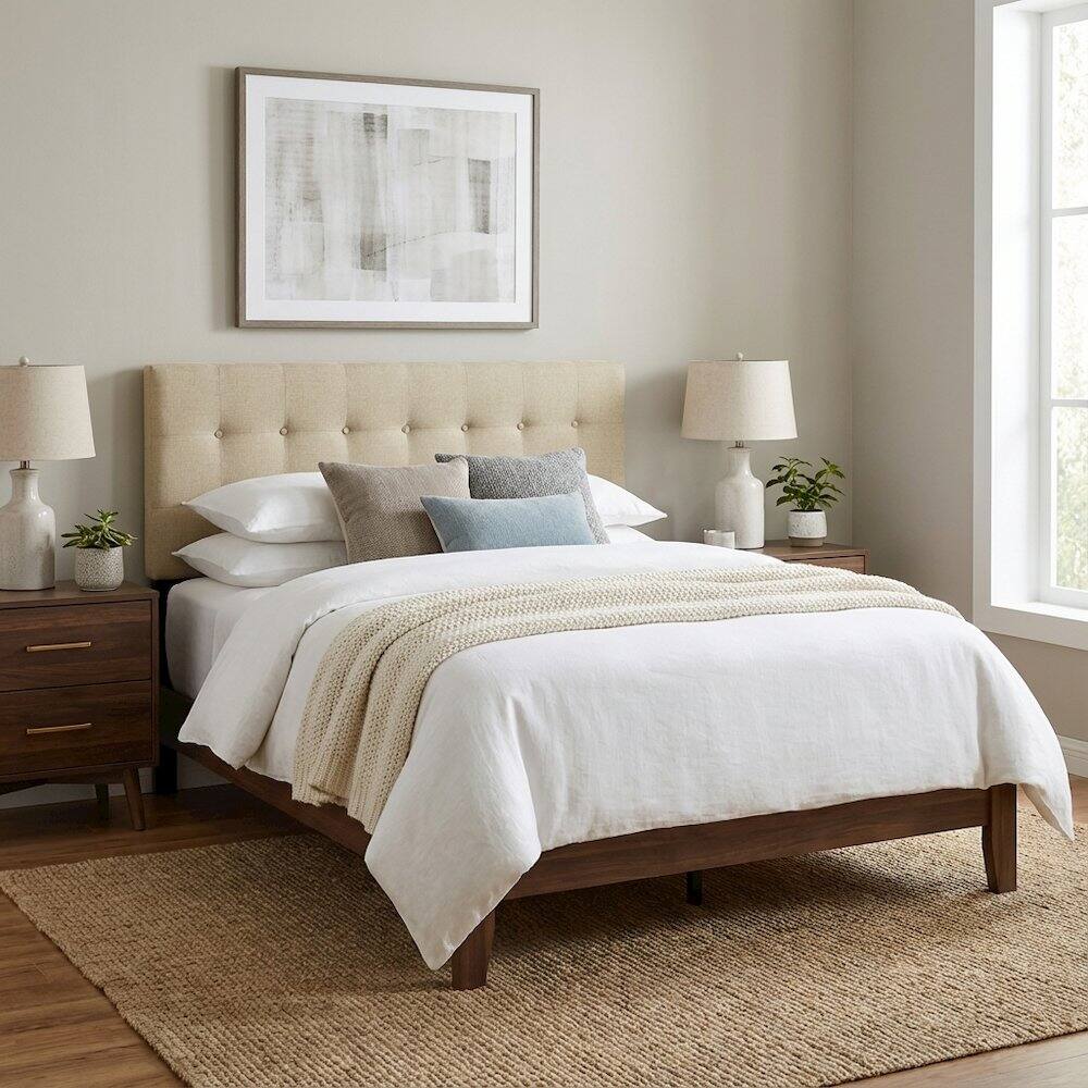 Left. FurniFact - Upholstered Full Headboard, Soft Fabric, Durable Frame for Comfortable Support - Beige.