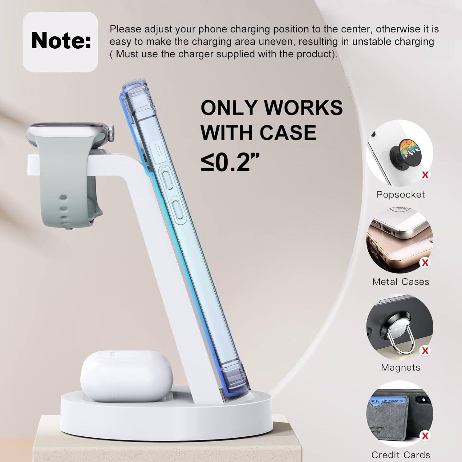 Please adjust your phone charging position to the center, otherwise it is easy to make the charging area uneven, resulting in unstable charging (Must use the charger supplied with the product).

ONLY WORKS WITH CASE ≤0.2"

Note: Popsocket x Metal Cases x Magnets x Credit Cards