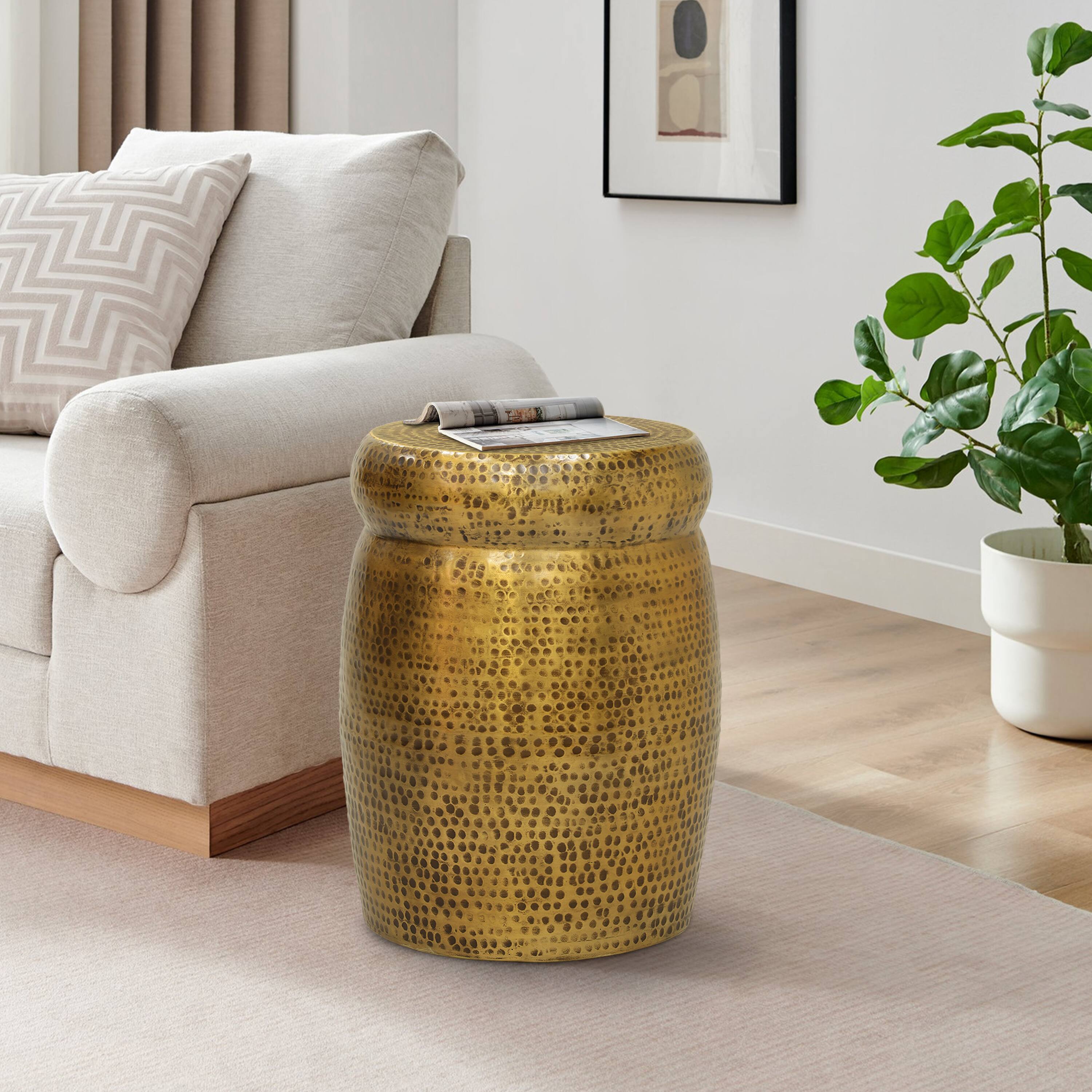 Alt View 8. Manhattan Lane - Kvira 21" Round Drum Side End Table | Artisan Hammered Embossed Texture - Antique Brass.