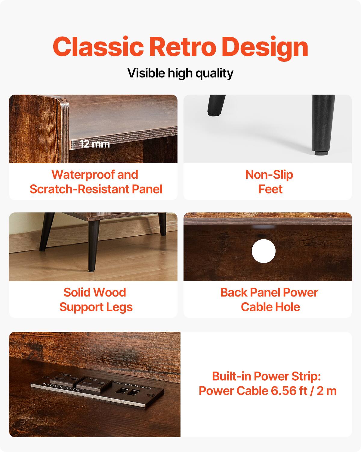 Classic Retro Design  
Visible high quality  

- 12 mm Waterproof and Scratch-Resistant Panel  
- Non-Slip Feet  
- Solid Wood Support Legs  
- Back Panel Power Cable Hole  
- Built-in Power Strip: Power Cable 6.56 ft / 2 m