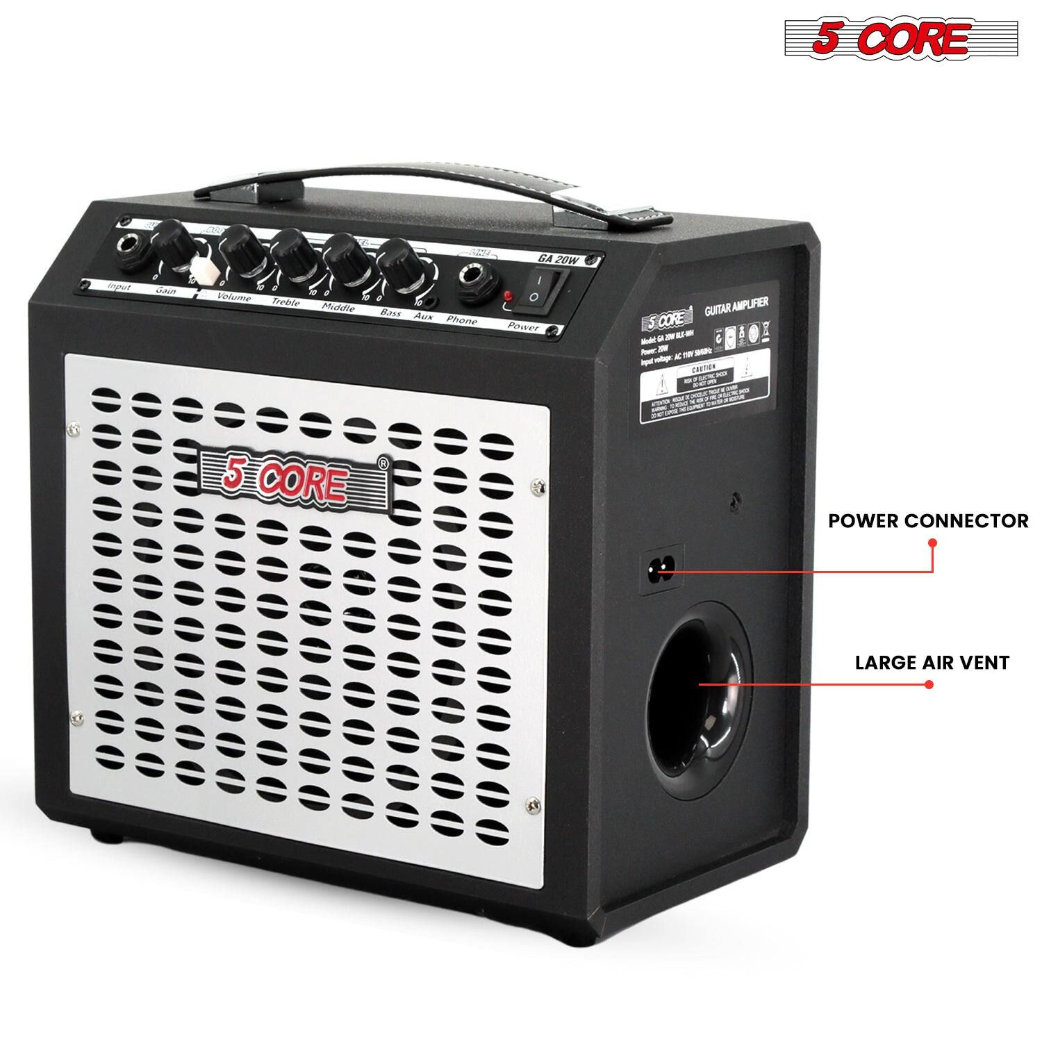 5 CORE  
GA 20W  
GUITAR AMPLIFIER  

5 CORE  
GA 20W  

POWER CONNECTOR  
LARGE AIR VENT  

Input  
Gain  
Volume  
Treble  
Middle  
Bass  
Aux  
Phone  
Power  

Model: GA 20W  
Power: 20W  
Input: 1/4" Jack  
Output: 1/4" Jack  
Speaker: 8Ω 15W  
Dimensions: 250 x 170 x 190 mm  
Weight: 3.5 kg  

5 CORE