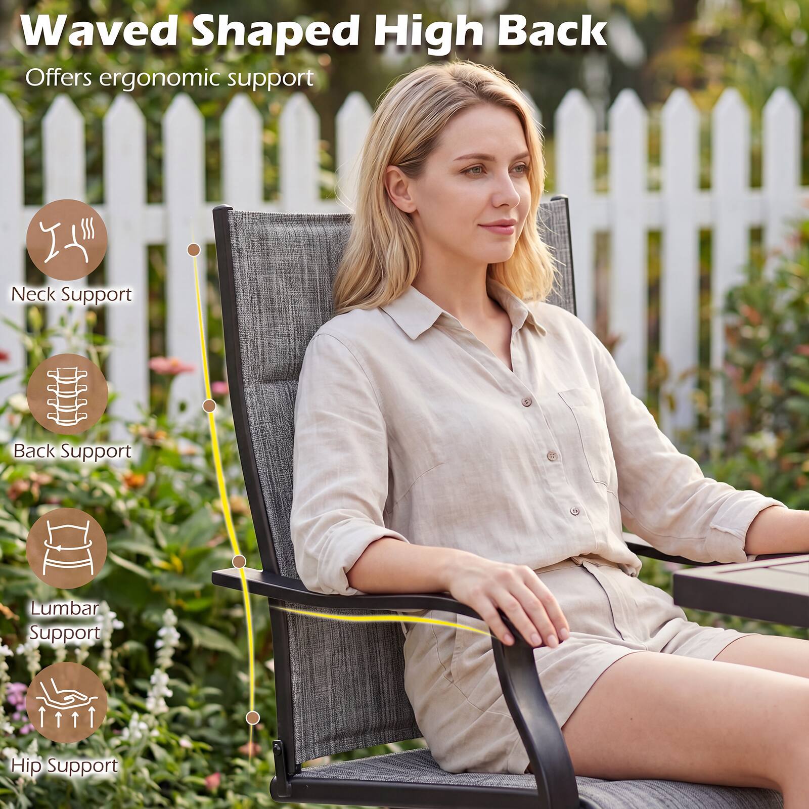 Waved Shaped High Back Offers ergonomic support

- Neck Support
- Back Support
- Lumbar Support
- Hip Support