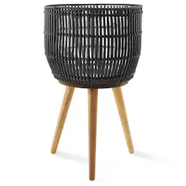 Casafield - Indoor Planter with Stand, Large Rattan Basket for Plants and Flowers with Wood Legs - Black with Natural Legs