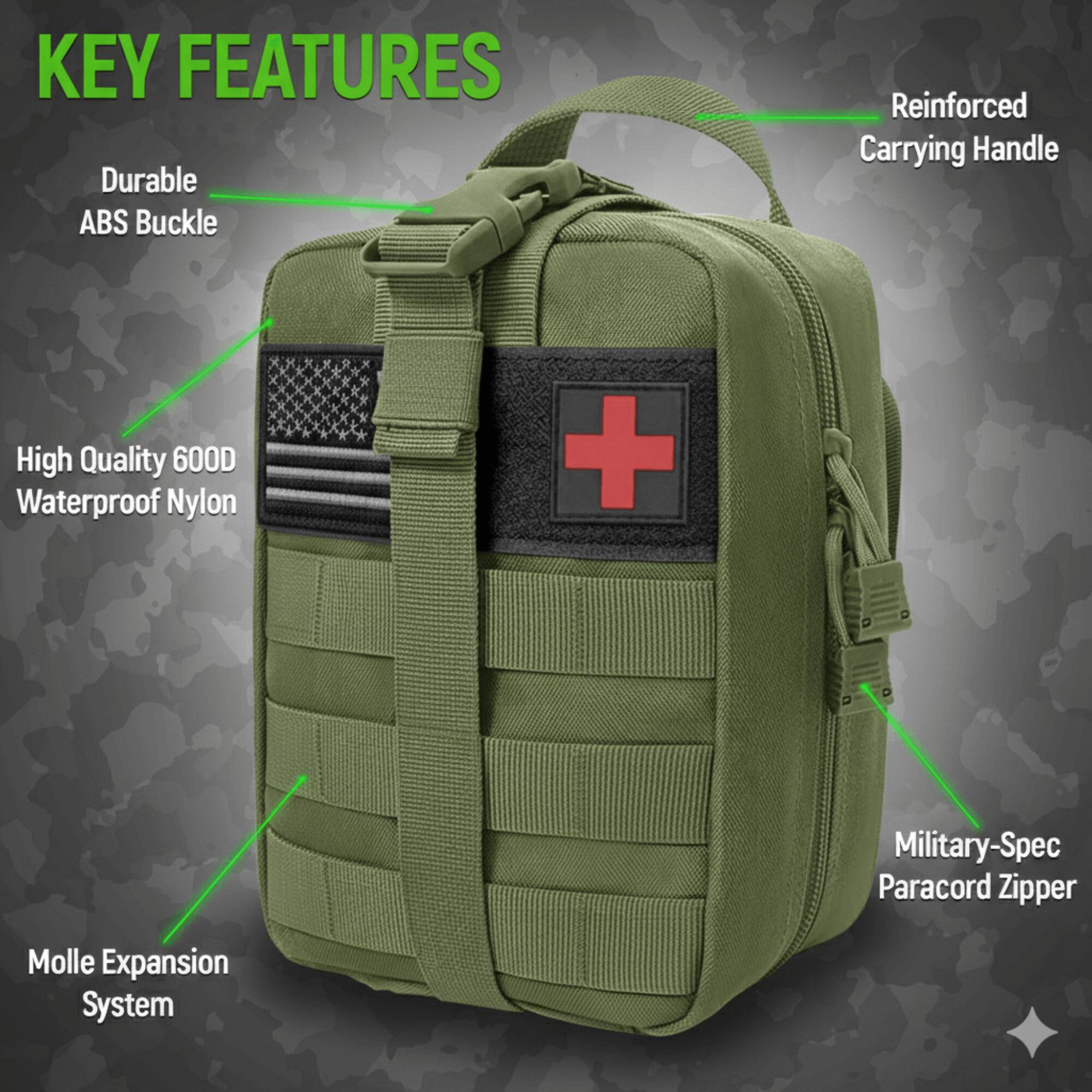 KEY FEATURES

- Durable ABS Buckle
- Reinforced Carrying Handle
- High Quality 600D Waterproof Nylon
- Military-Spec Paracord Zipper
- Molle Expansion System