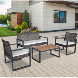 Siljoy - 4-Piece Patio Set, Acacia Wood Tabletop, Beige Cushions - Brown