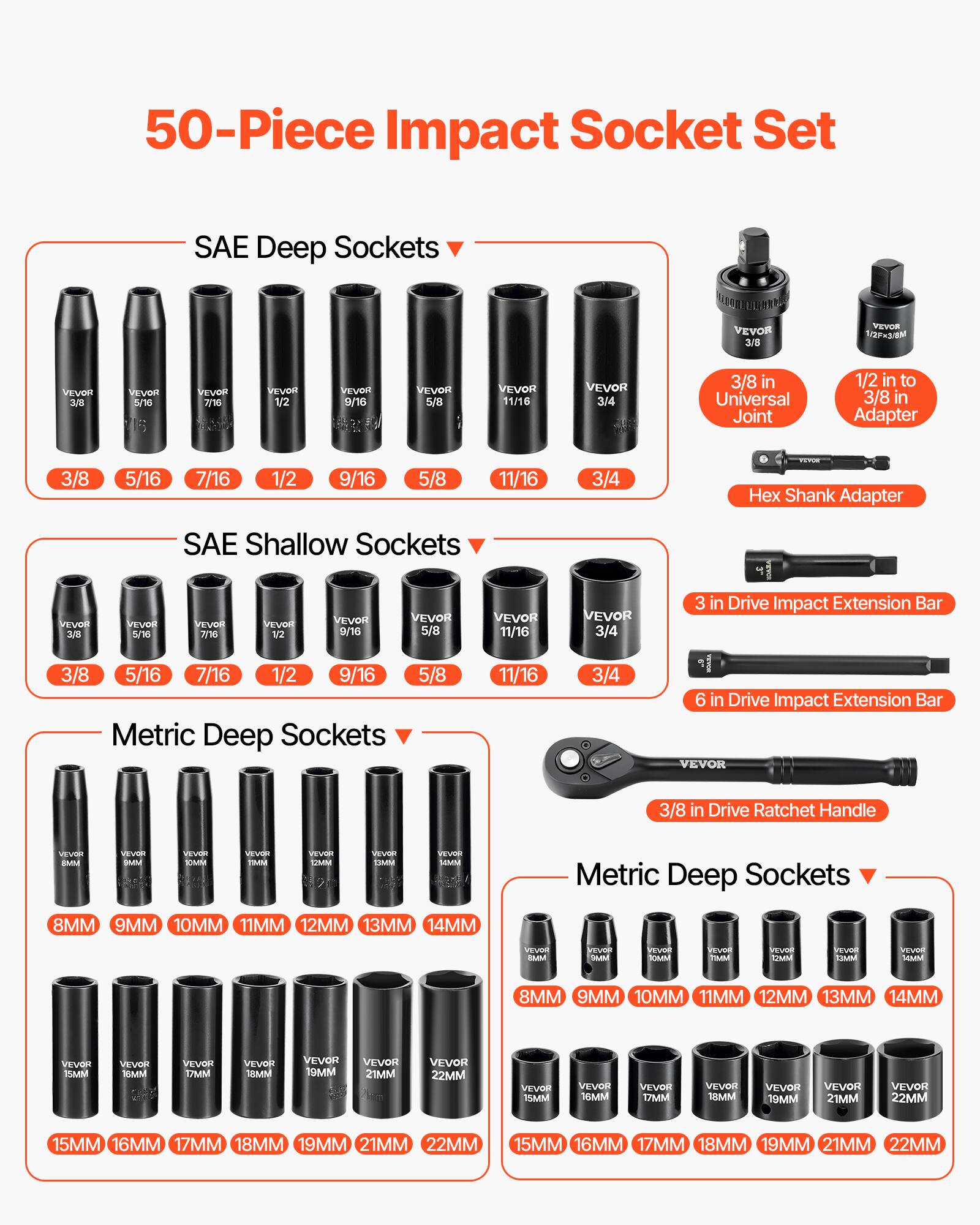50-Piece Impact Socket Set

SAE Deep Sockets
- 3/8
- 5/16
- 7/16
- 1/2
- 9/16
- 5/8
- 11/16
- 3/4

3/8 in Universal Joint
1/2 in to 3/8 in Adapter
Hex Shank Adapter

SAE Shallow Sockets
- 3/8
- 5/16
- 7/16
- 1/2
- 9/16
- 5/8

3 in Drive Impact Extension Bar
6 in Drive Impact Extension Bar

3/8 in Drive Ratchet Handle

Metric Deep Sockets
- 8MM
- 9MM
- 10MM
- 11MM
- 12MM
- 13MM
- 14MM
- 15MM
- 16MM
- 17MM
- 18MM
- 19MM
- 21MM
- 22MM