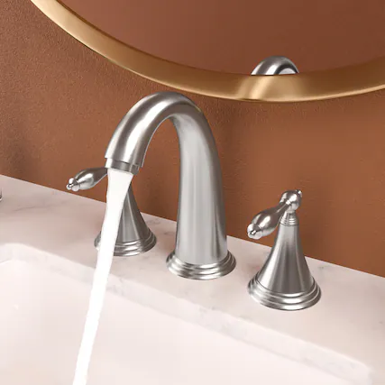 Front. JUJABU - 2 Handle Widespread Bathroom Faucet 3 Hole with Pop Up Drain and 2 Water Supply Lines, Brushed Nickel - Brushed Nickel.