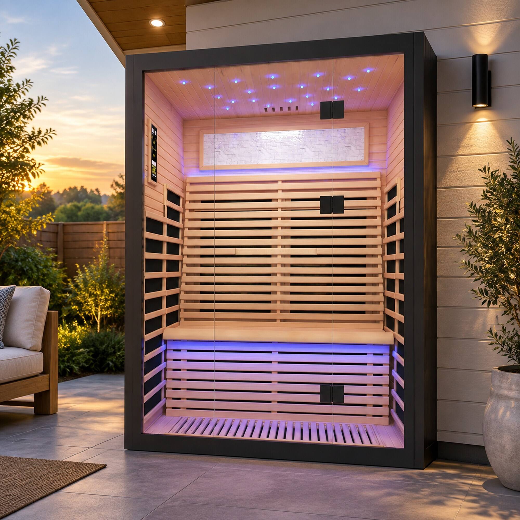 Angle. RYHNUYNE - 2 Person Far Infrared Home Sauna, Canadian Hemlock Wood, 8 Heating Plates, 2160W, Starry Ceiling Lights, Indoor Spa - Black+Natural.