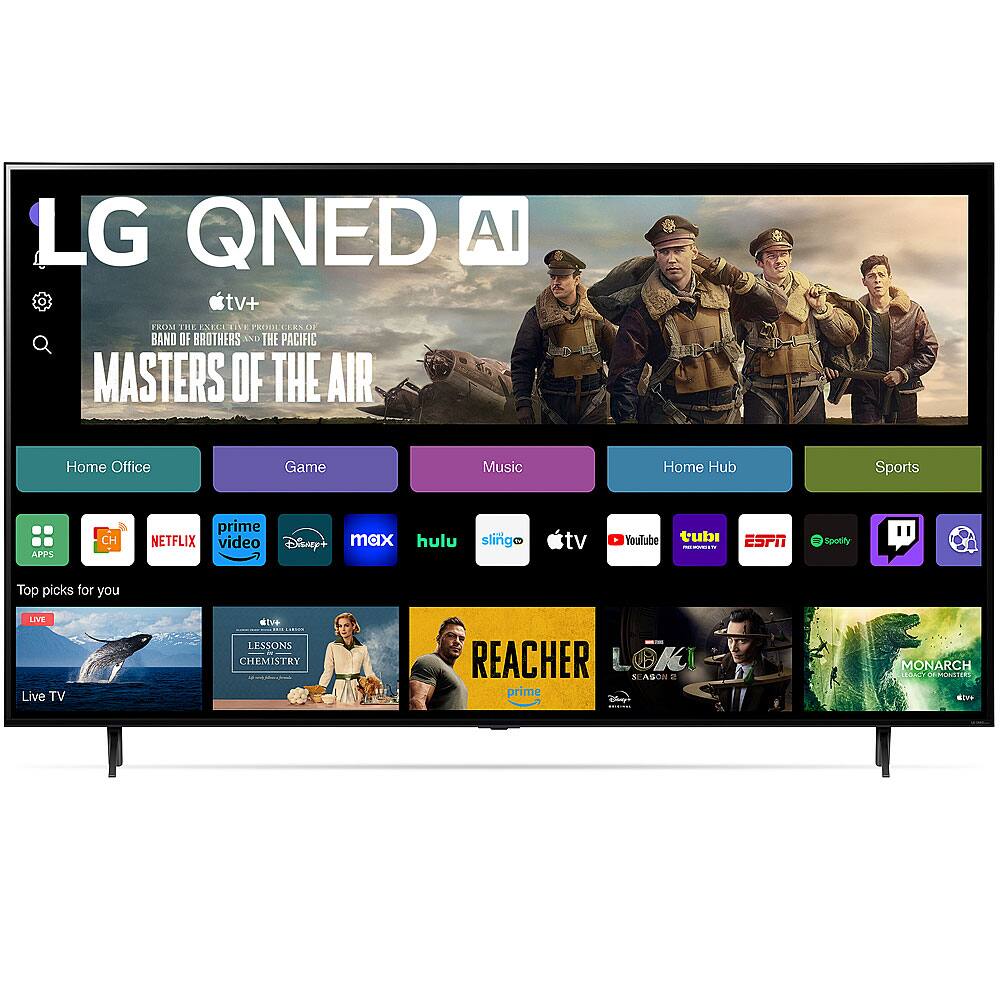 LG QNED AI TV+  
FROM THE EXECUTIVE PRODUCERS OF BAND OF BROTHERS AND THE PACIFIC  
MASTERS OF THE AIR  

Home Office  
Game  
Music  
Home Hub  
Sports  

Top picks for you  
Live TV  

Apps:  
- CH  
- Netflix  
- Prime Video  
- Disney+  
- Max  
- Hulu  
- sling tv  
- YouTube  
- Tubi  
- ESPN  
- Spotify  
- Apple TV  
- TV  
- Prime  

Top picks for you:  
- LESSONS IN CHEMISTRY  
- REACHER  
- LOKI SEASON 2  
- MONARCH  
- ATP  
- SILVA