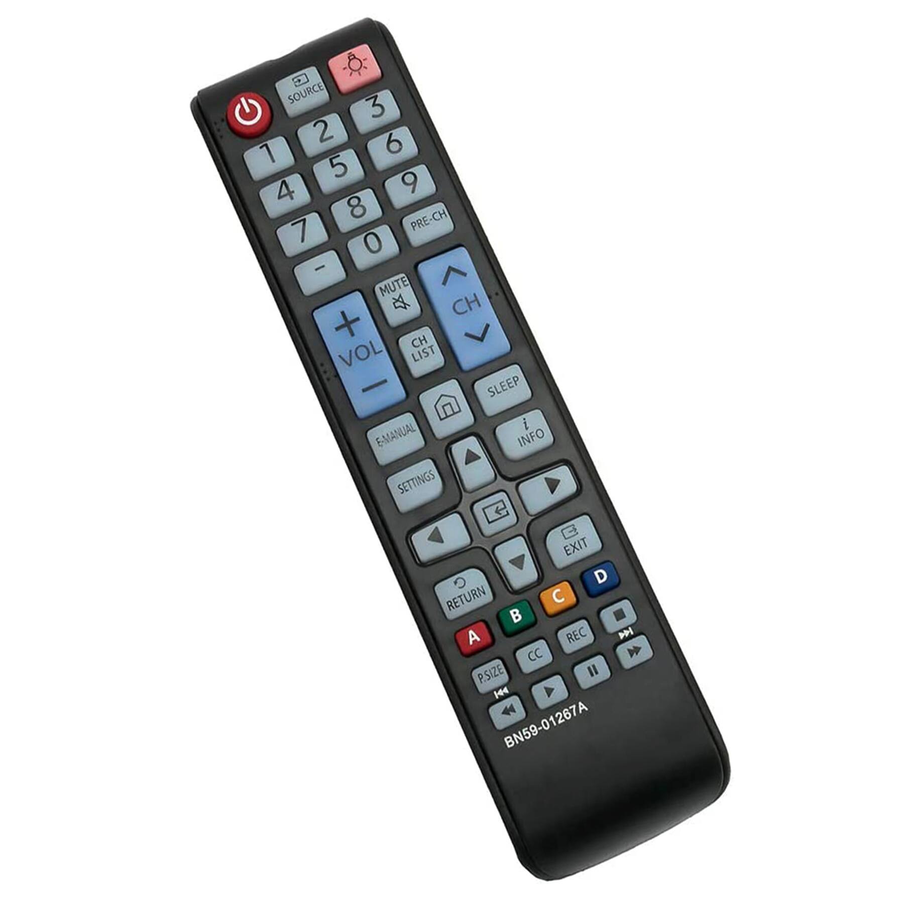 SOURCE 1 2 3 4 5 6 7 8 9 0 PRE-CH CH + CH - MUTE VOL + VOL - CH LIST SLEEP INFO E-MANUAL SETTINGS EXIT RETURN C D A REC CC P.SIZE II BN59-01267A