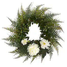 BreeBe - 23" Assorted Fern and Chrysanthemum Artificial Wreath - Cream