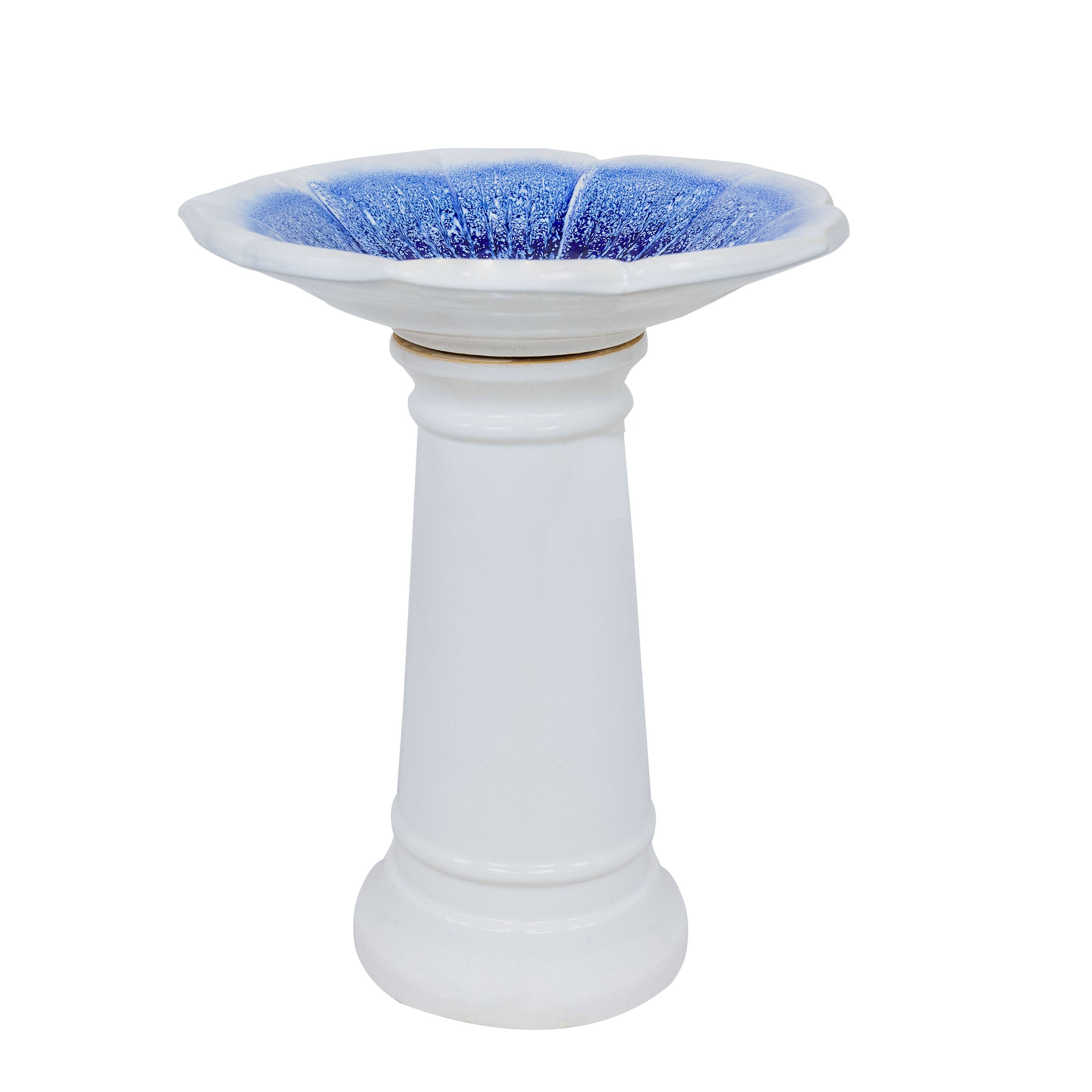 Alt View 7. Sunnydaze - Misty Blossom Ceramic Outdoor Bird Bath - White and Blue.