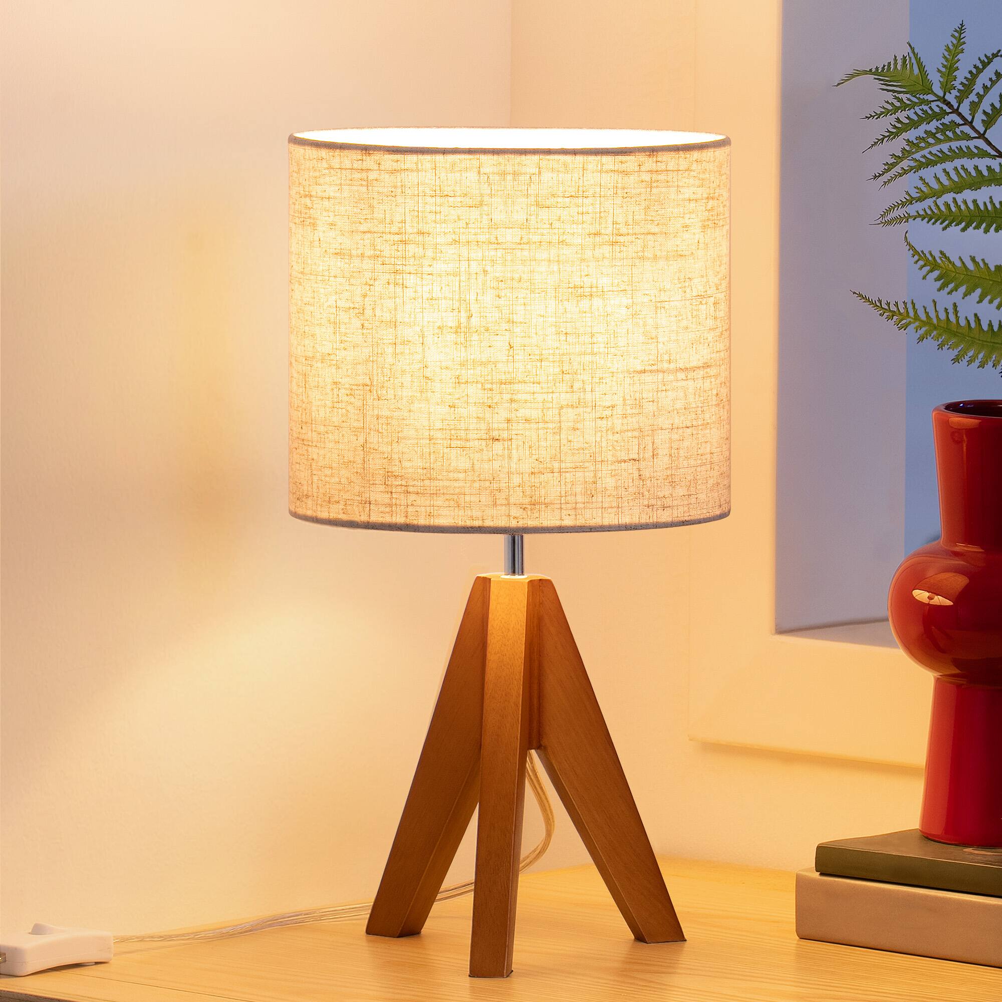 Front. EDISHINE - EDISHINE Small Tripod Table Lamp Bedside Nightstand Lamp 14.2 Inch Wooden Base Linen Beige Lampshade.