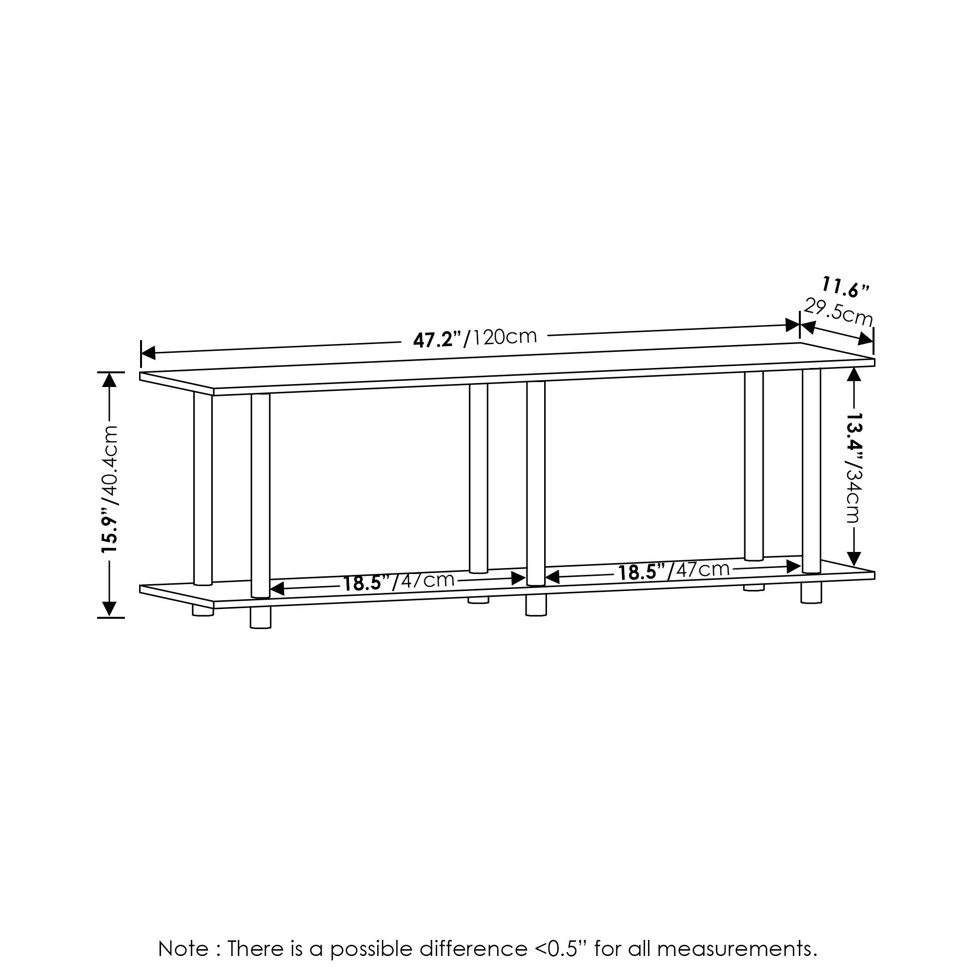 - 40.4 cm / 15.9"
- 47.2" / 120 cm
- 18.5" / 47 cm
- 11.6" / 29.5 cm
- 13.4" / 34 cm

Note: There is a possible difference <0.5" for all measurements.