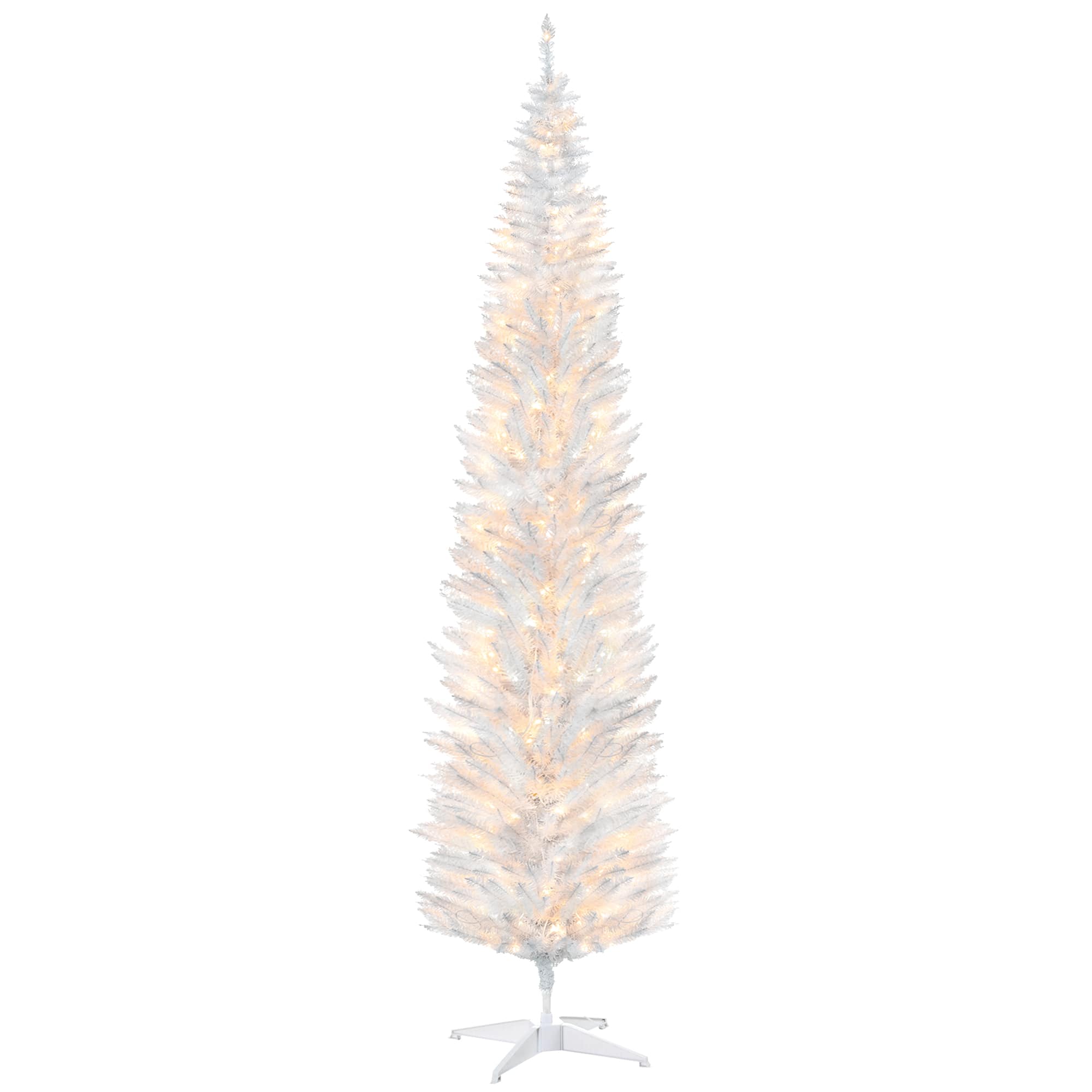 Homcom - 8' Tall Pre-Lit Slim Noble Fir Artificial Christmas Tree with 300 Warm LED Lights and 618 Tips, for Christmas - White