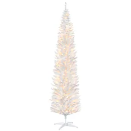 Homcom - Tall Pre-Lit Slim Noble Fir Artificial Christmas Tree with 300 Warm LED Lights and 618 Tips, for Christmas - White