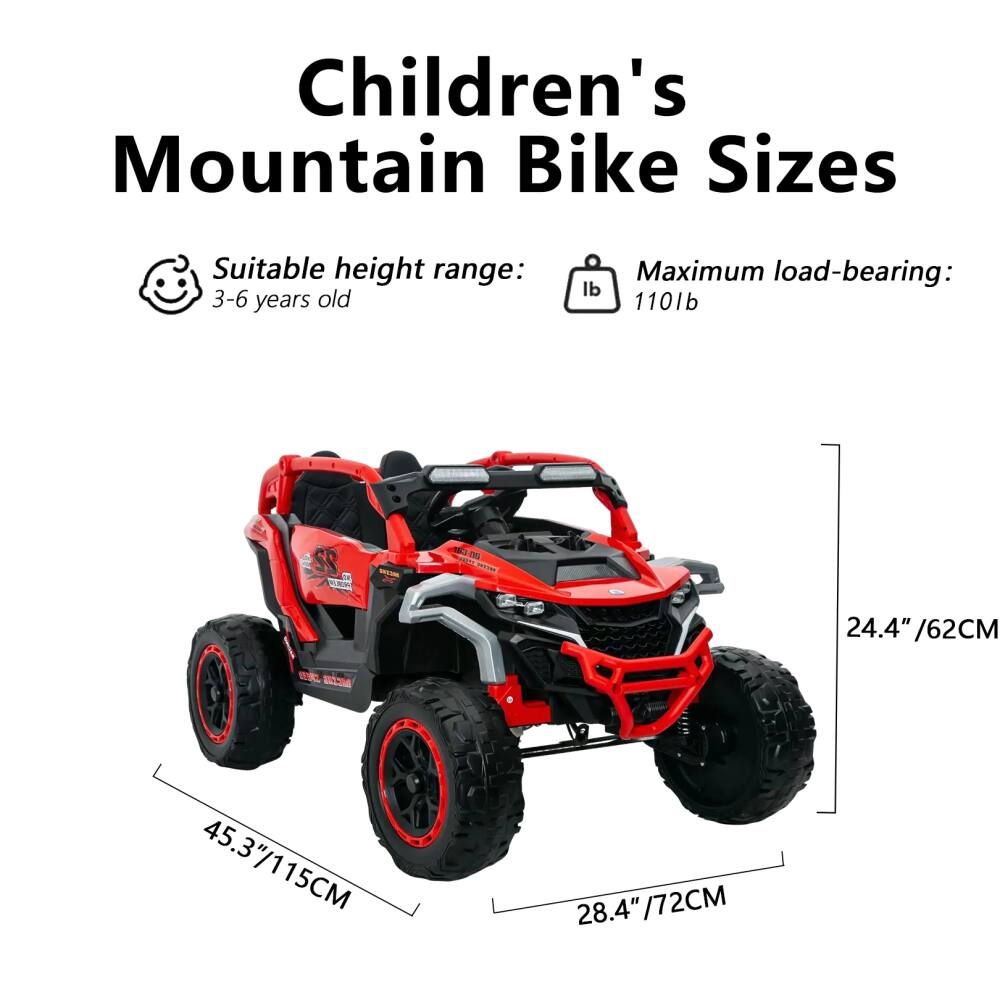 Children's Mountain Bike Sizes

Suitable height range: 3-6 years old

Maximum load-bearing: 110 lb

Dimensions:
- 24.4" / 62CM
- 28.4" / 72CM
- 45.3" / 115CM