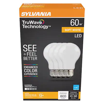 SYLVANIA
TruWave Technology
60 W SOFT WHITE LED
SEE + FEEL BETTER
ENHANCED COLOR EXPERIENCE
SUPERIOR DIMMABILITY+++
4 A19 FROSTED BULBS
LASTS 13+ YEARS*
Replaces 60 W
Brightness: 800 lumens
Estimated Energy Cost per year: $0.96
Indoor/Outdoor
ENERGY STAR