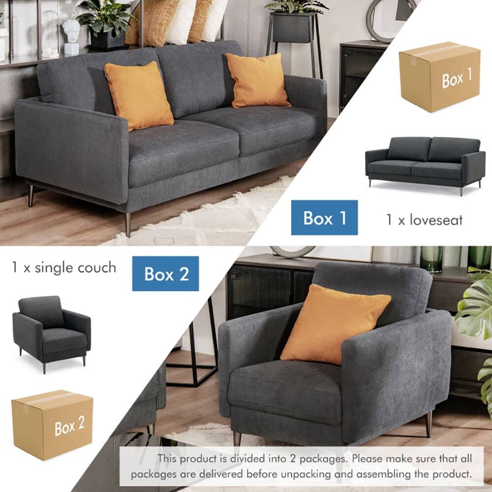 Box 1  
1 x loveseat  

Box 2  
1 x single couch  

This product is divided into 2 packages. Please make sure that all packages are delivered before unpacking and assembling the product.