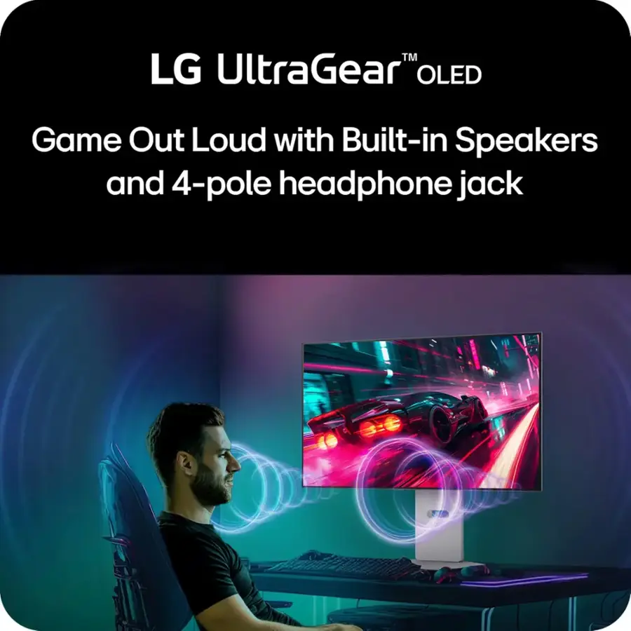 "TM LG UltraGear OLED Game Out Loud with Built-in Speakers and 4-pole headphone jack."