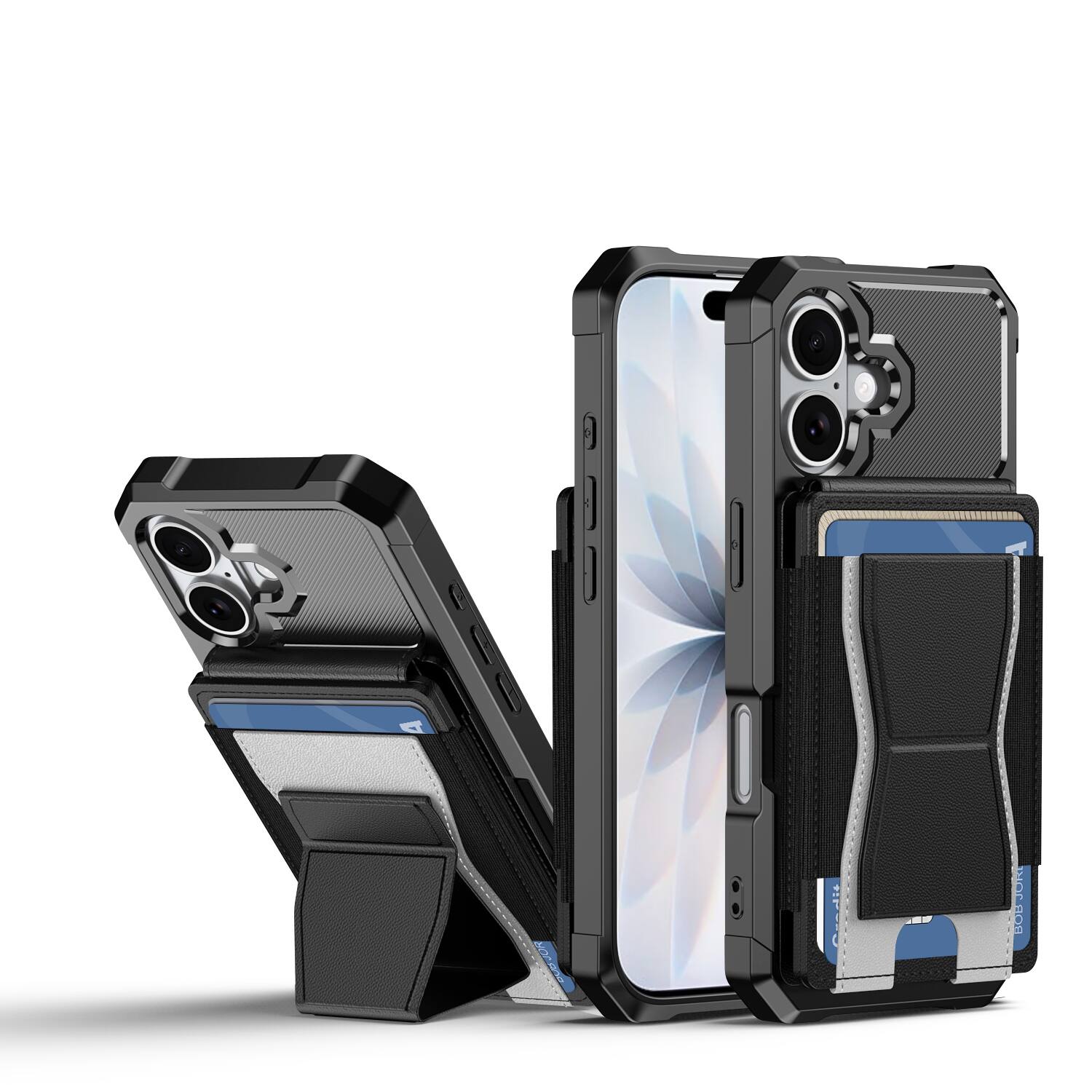 Angle. Dteck - Rugged Wallet Case for Apple iPhone 17, Shockproof Protective Cover with Elastic Card Holder and Kickstand - Black.