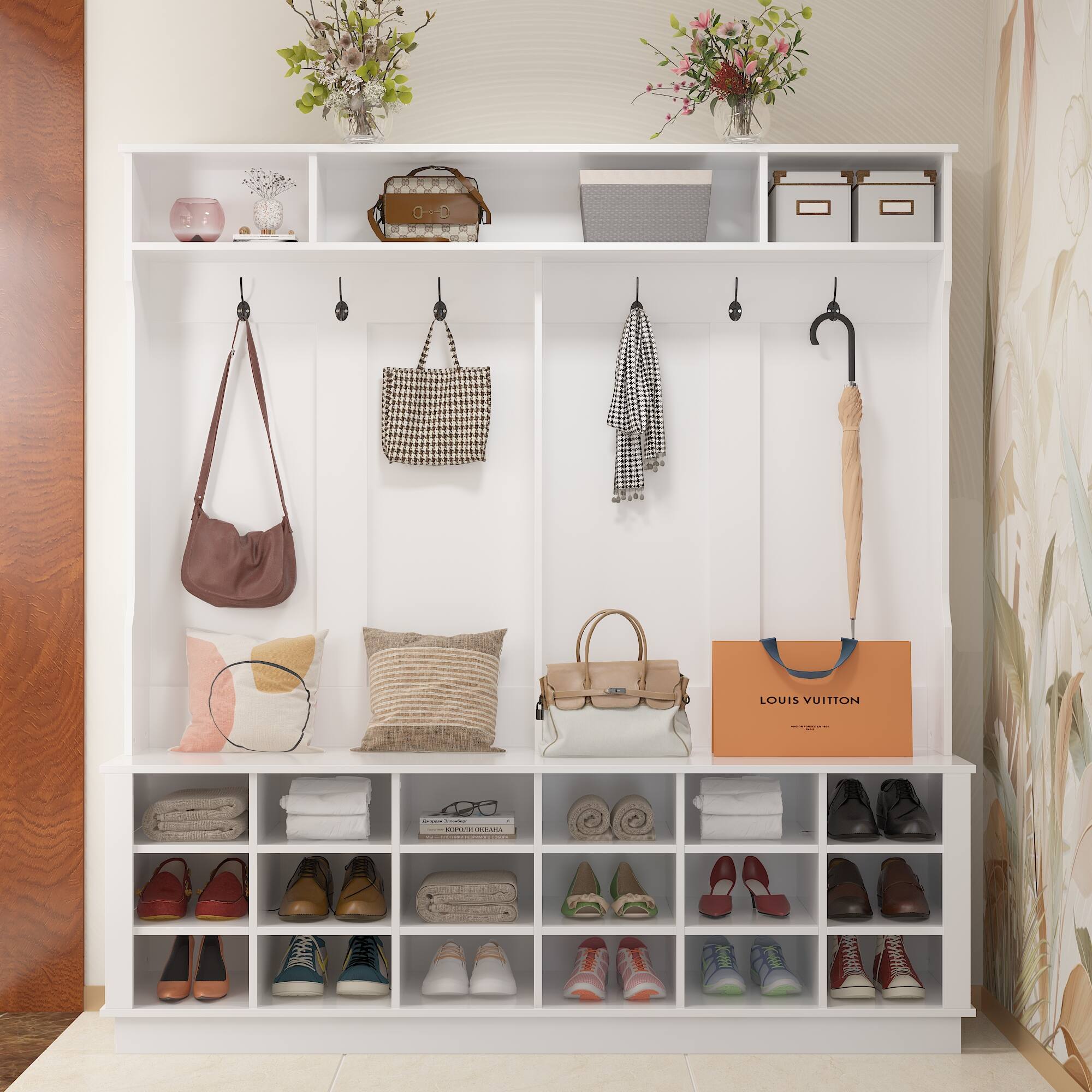 FUFU&GAGA - Large Multi Functional Entryway Organizer with Shoe Rack Bench Shelves and Hooks for Spacious Hallway Storage - White
