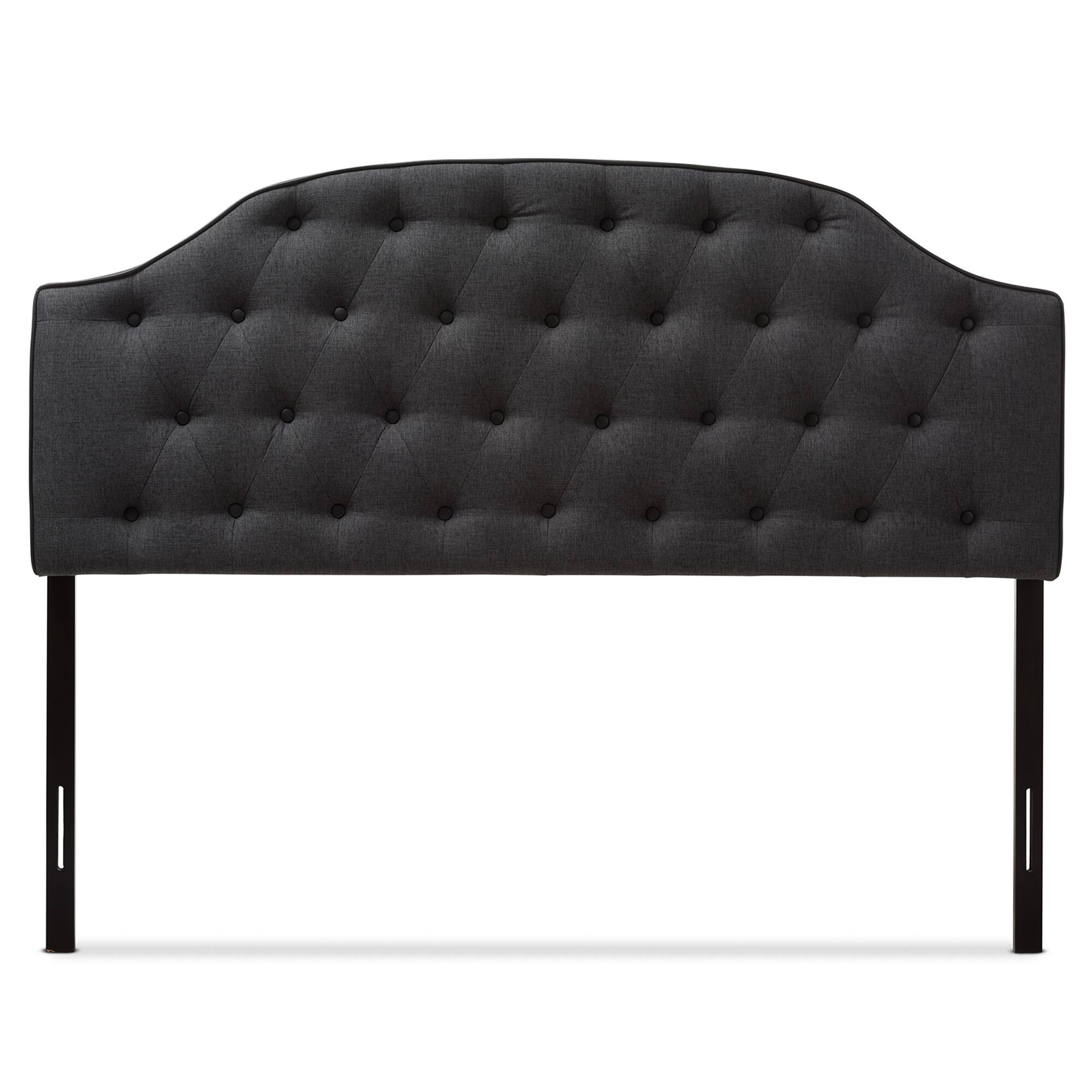 Angle. Baxton Studio - Windsor Modern and Contemporary Fabric Upholstered Scalloped Buttoned Queen Size Headboard - Dark Grey.
