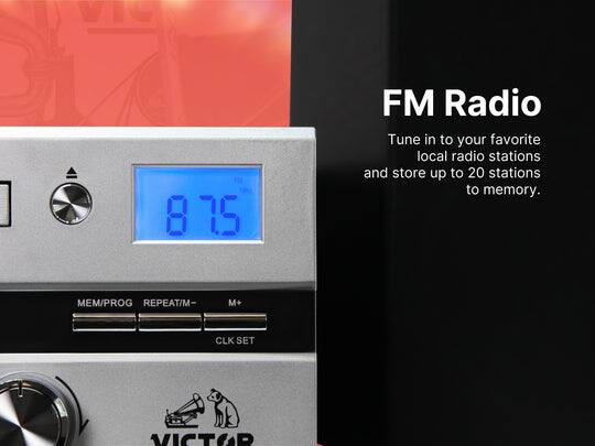 VI 8 875 FM Radio  
Tune in to your favorite local radio stations and store up to 20 stations to memory.  
MEM/PROG REPEAT/M- M+ CLK SET  
VICTOR