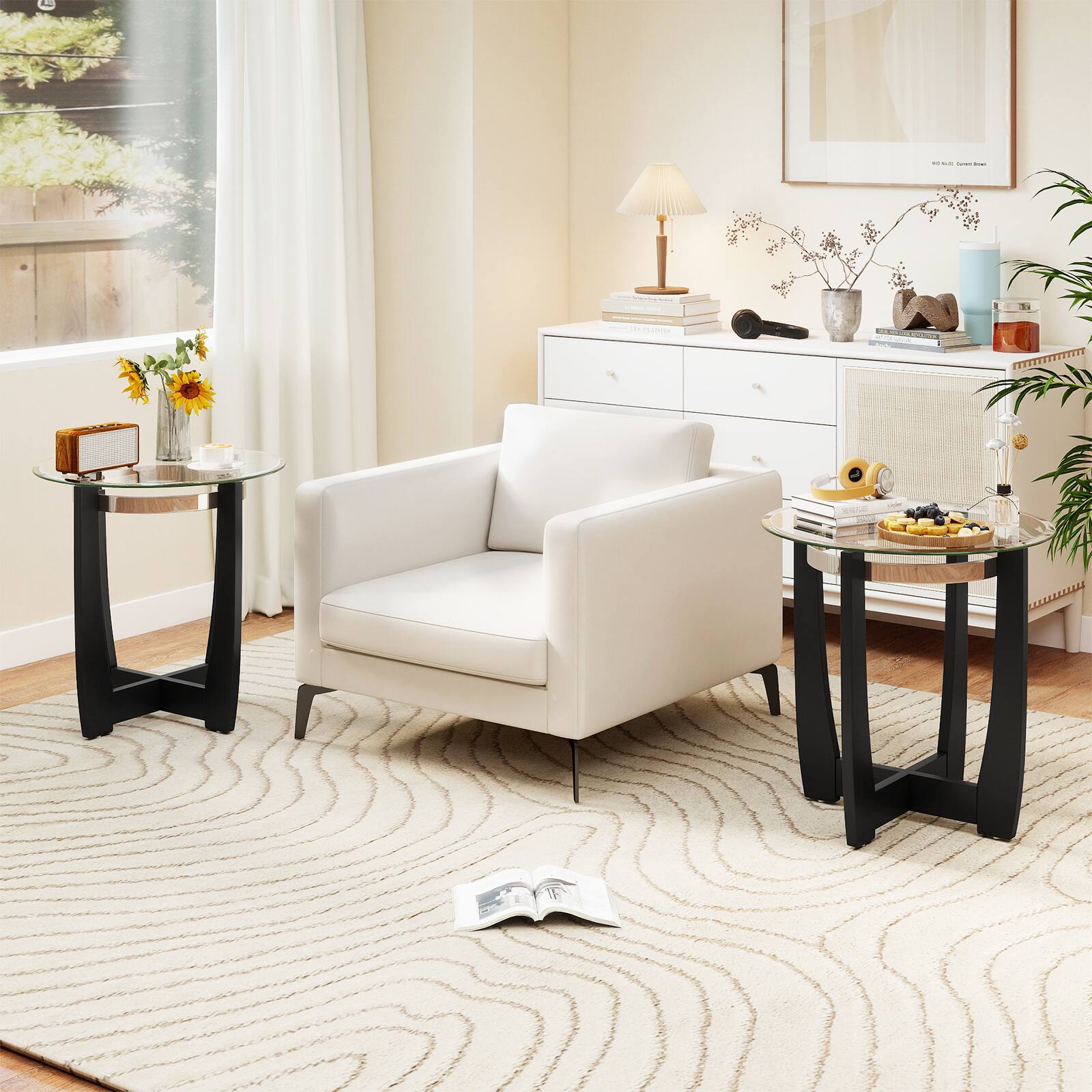 Alt View 5. Costway - Costway Tempered Glass Coffee Table Set of 3, 2-Tier Coffee Table & 2 Round End Tables - Transparent & Black.