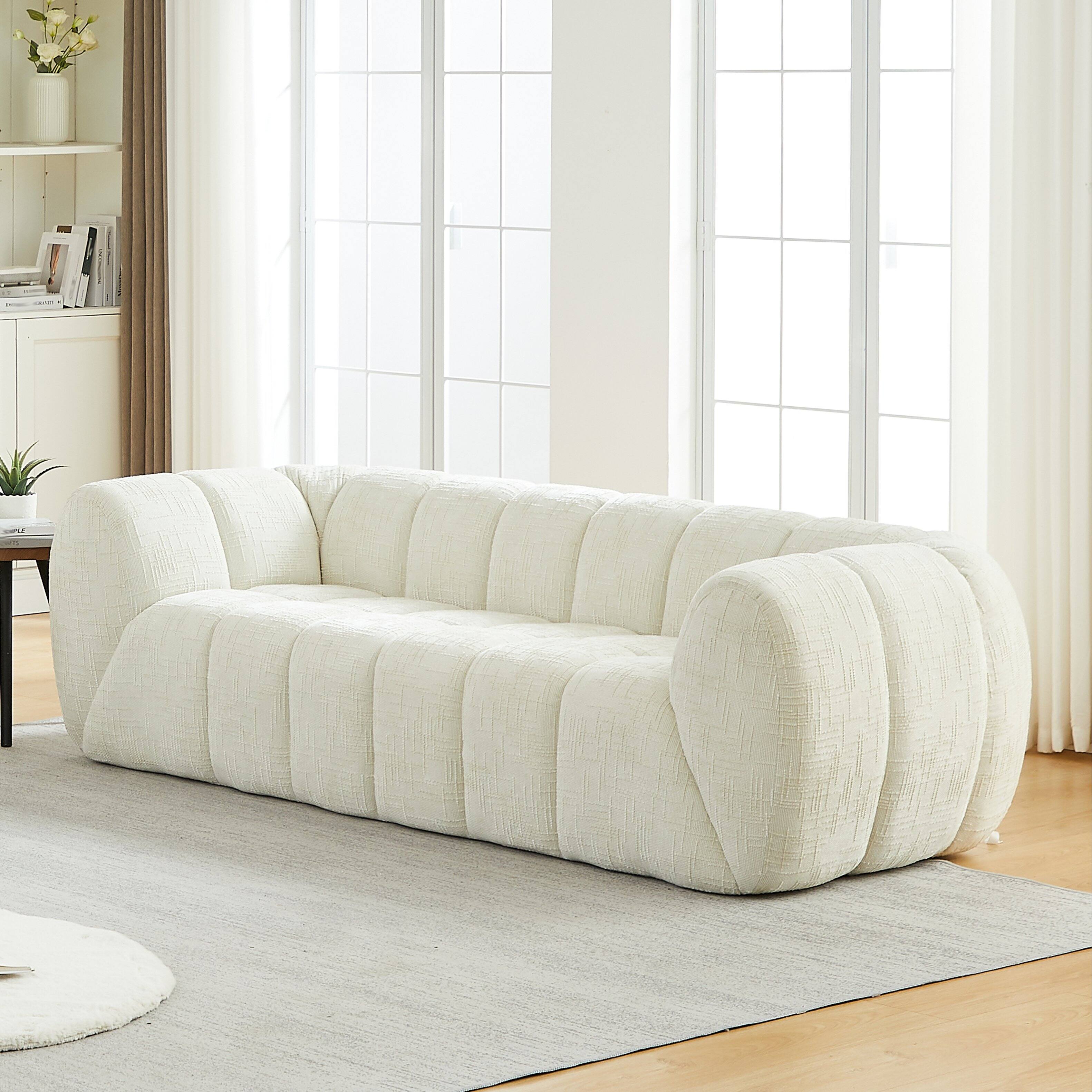 Angle. Anysun - Comfortable Three-Seater Chenille Pure Foam Sofa – Modern Quilted Cloud Sofa, Deep-Seat Chenille - Beige.