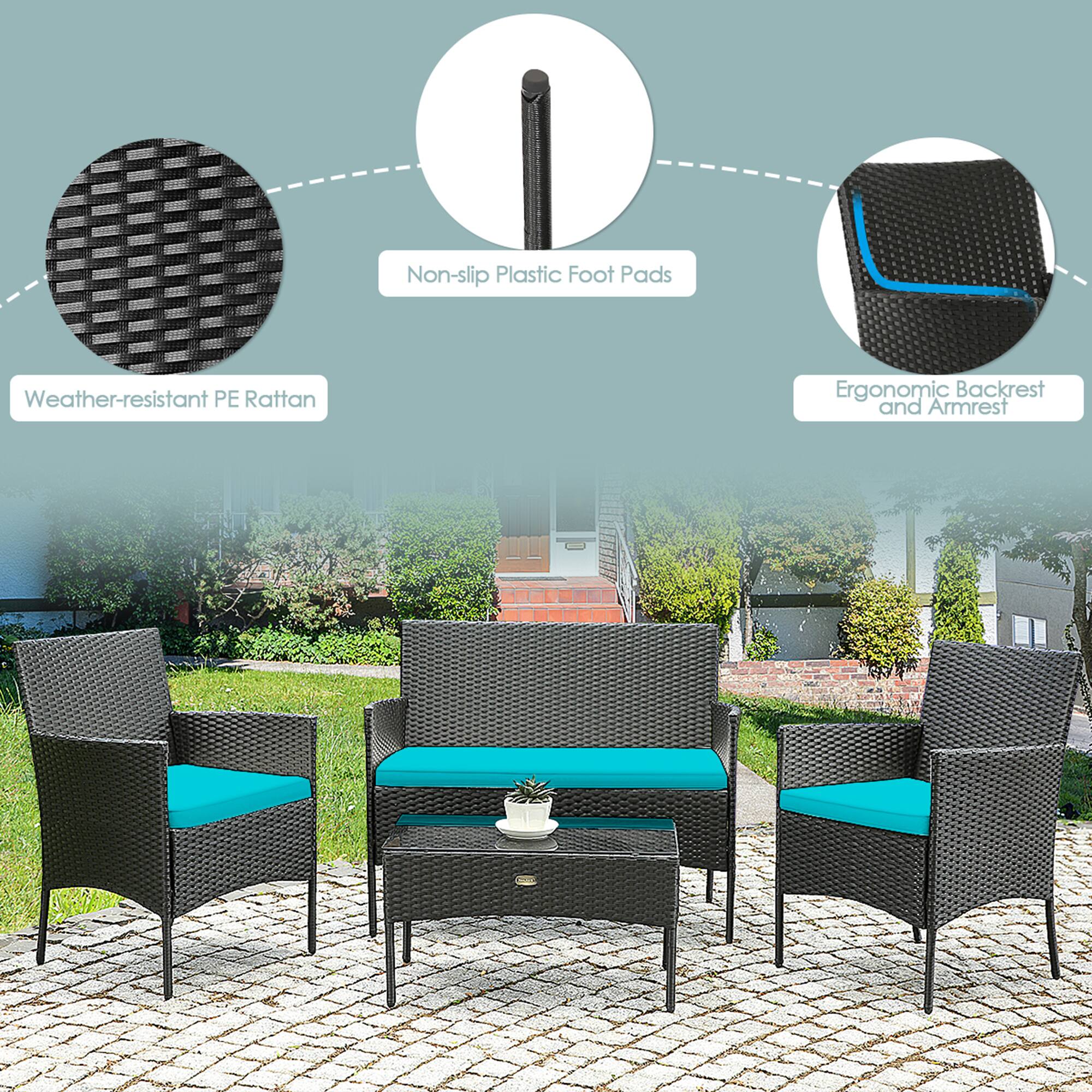 - Weather-resistant PE Rattan
- Non-slip Plastic Foot Pads
- Ergonomic Backrest and Armrest