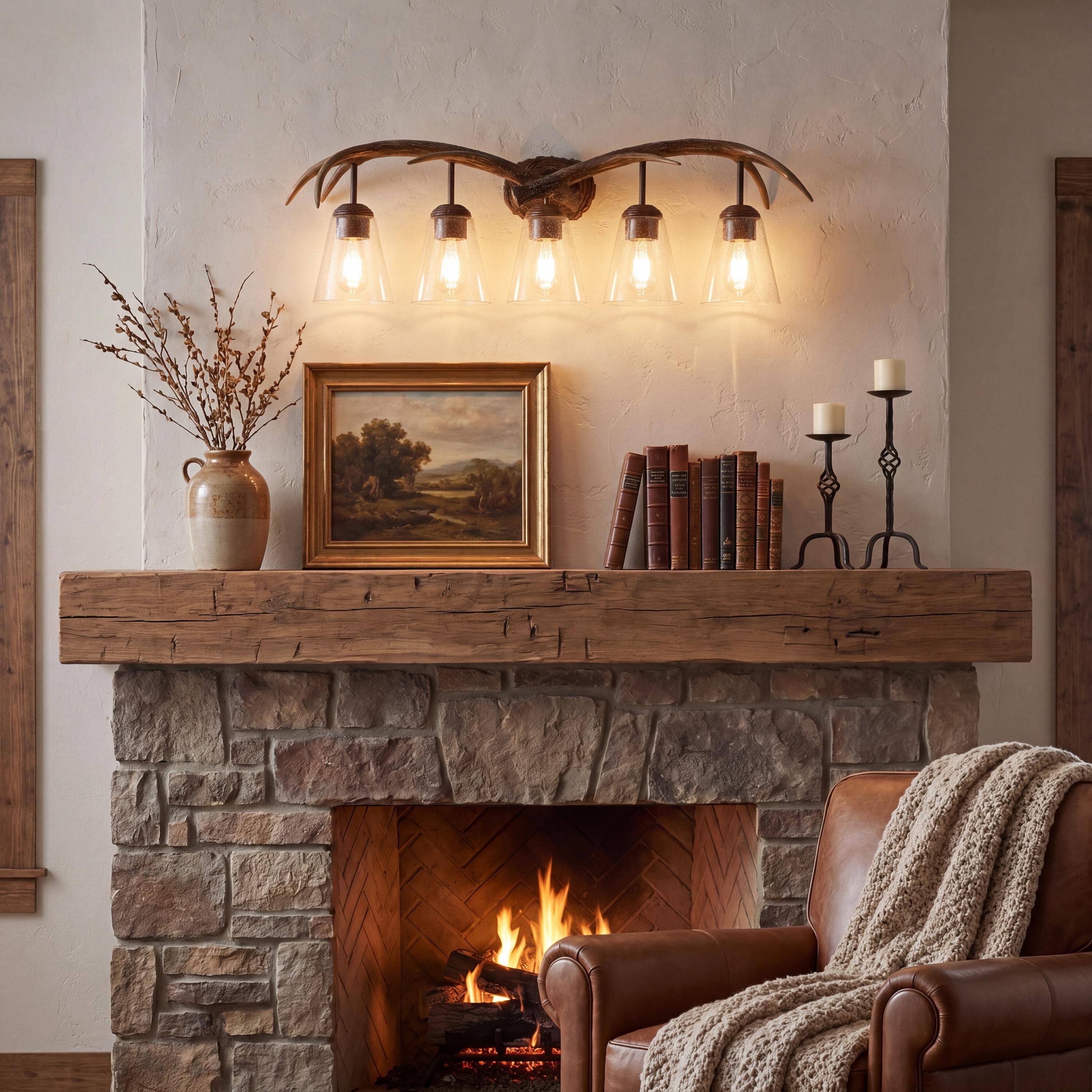 Alt View 8. Jonathan Y - Wyatt 37.75" 5-Light Southwestern Bohemian Resin/Seeded Glass Faux Antler LED Vanity Light, Brown Wood Finish - Brown Wood Finish.