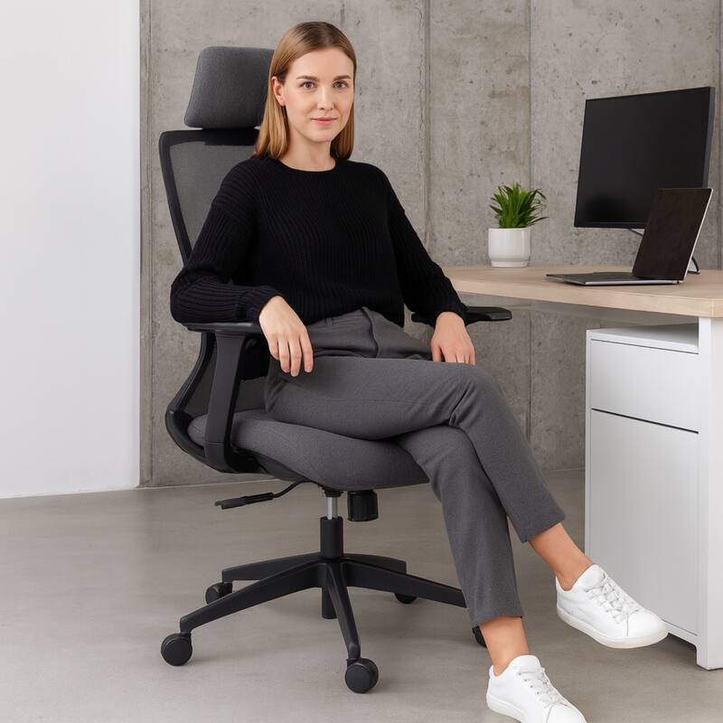 Alt View 1. HTUTWOO - High Back Mesh Office Chair, Adjustable Lumbar Support & Headrest, Breathable Mesh - Ergonomic,for Home Office, Study - Black.