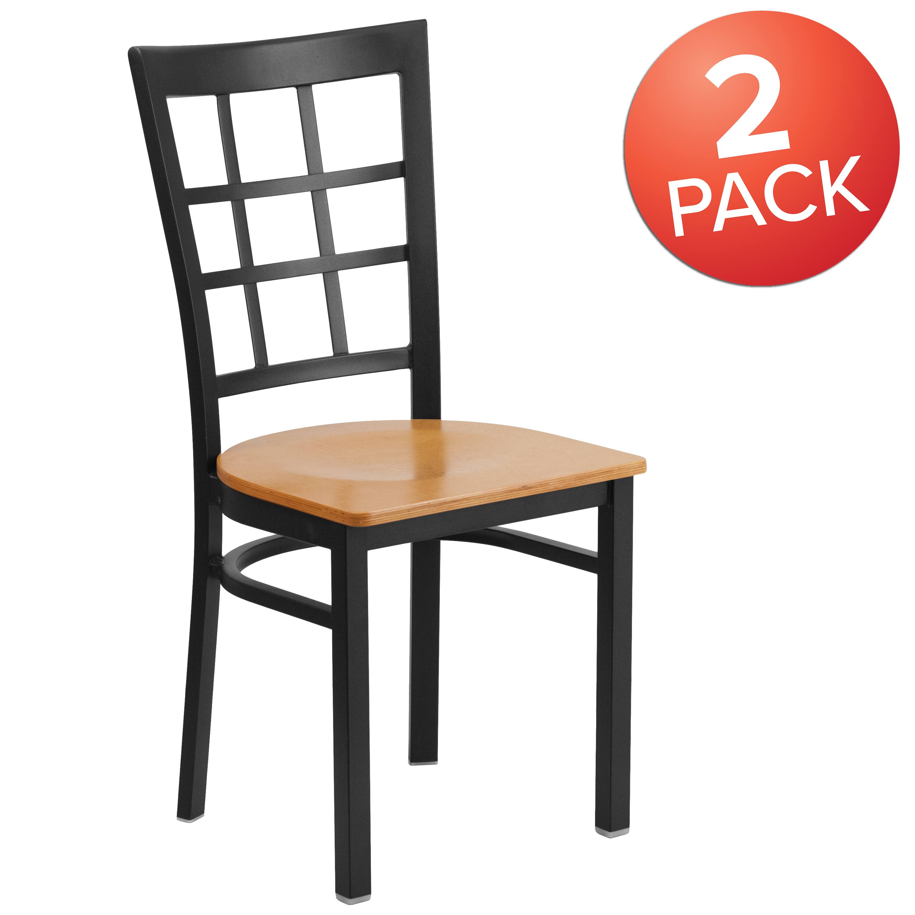 Alt View 1. Emma + Oliver - 2 Pack Window Back Metal Restaurant Chair - Natural Wood Seat/Black Metal Frame.