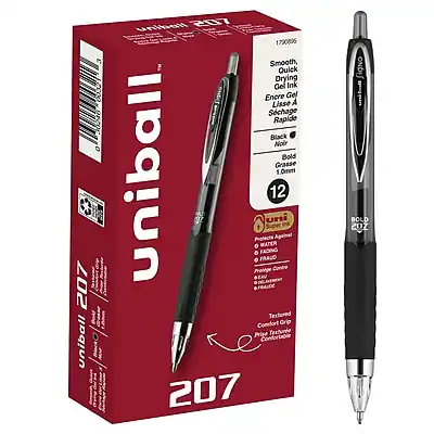 207 uniball 2000 30246
Smooth, Quick Drying Gel Ink
Encre Gel Lisse A Schage Rapide
Black Noir Bold Grasse
1.0mm
12 uni
Super Protection Against WATER FADING
Prothge Contre FRAJCE
Textured Comfort Grip
Prise Texture Confortable
207 Signo BOLD
