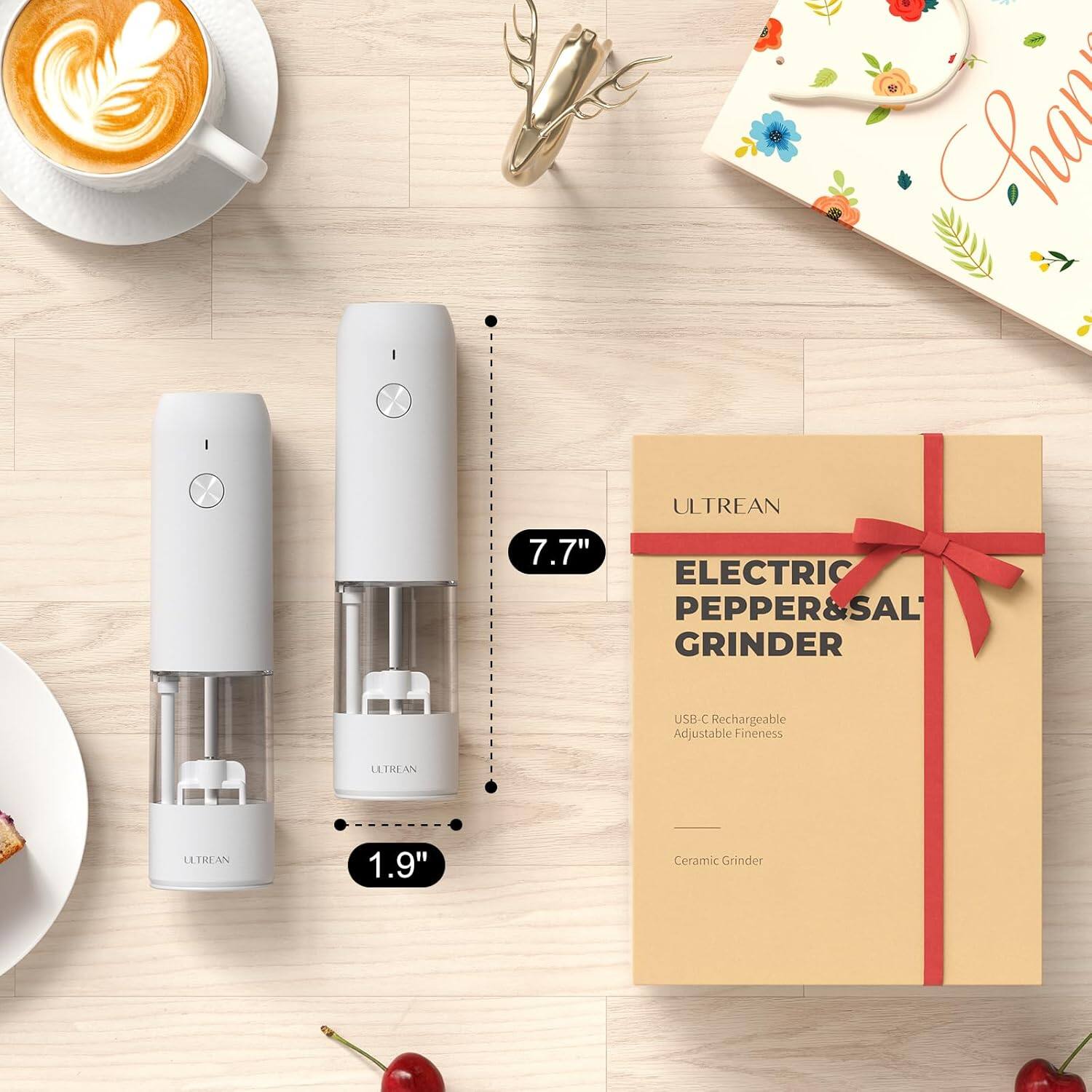 ULTREAN 7.7" ELECTRIC PEPPER & SALT GRINDER  
USB-C Rechargeable Adjustable Fineness  
1.9" Ceramic Grinder