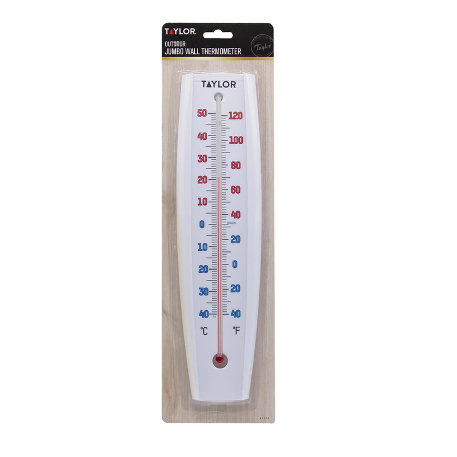 TAYLOR  
OUTDOOR JUMBO WALL THERMOMETER  

50 120  
40 100  
30 80  
20 60  
10 40  
0 20  
-10 0  
-20 -20  
-30 -40  
-40  

°C  
°F