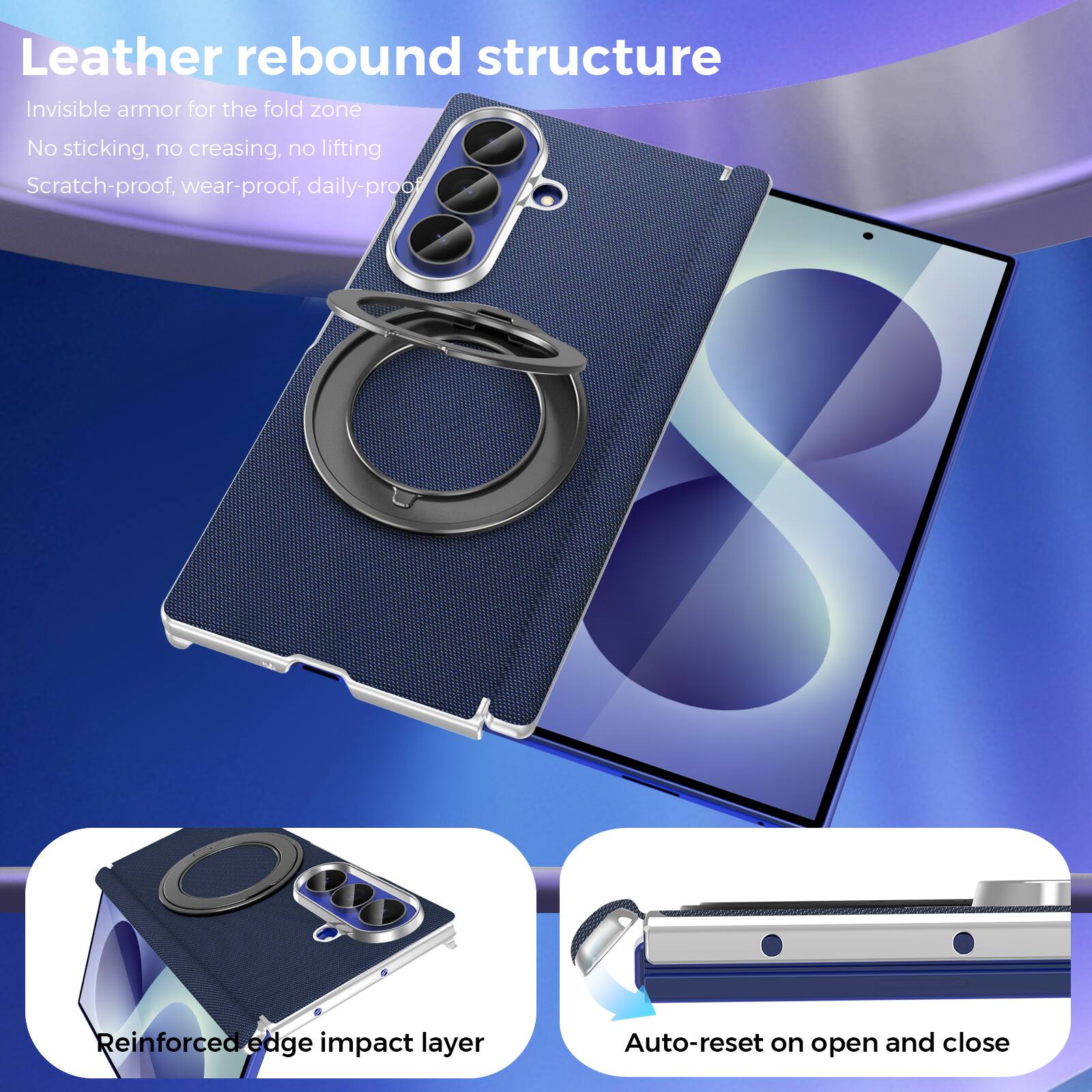 Leather rebound structure  
Invisible armor for the fold zone  
No sticking, no creasing, no lifting  
Scratch-proof, wear-proof, daily-proof  

Reinforced edge impact layer  
Auto-reset on open and close