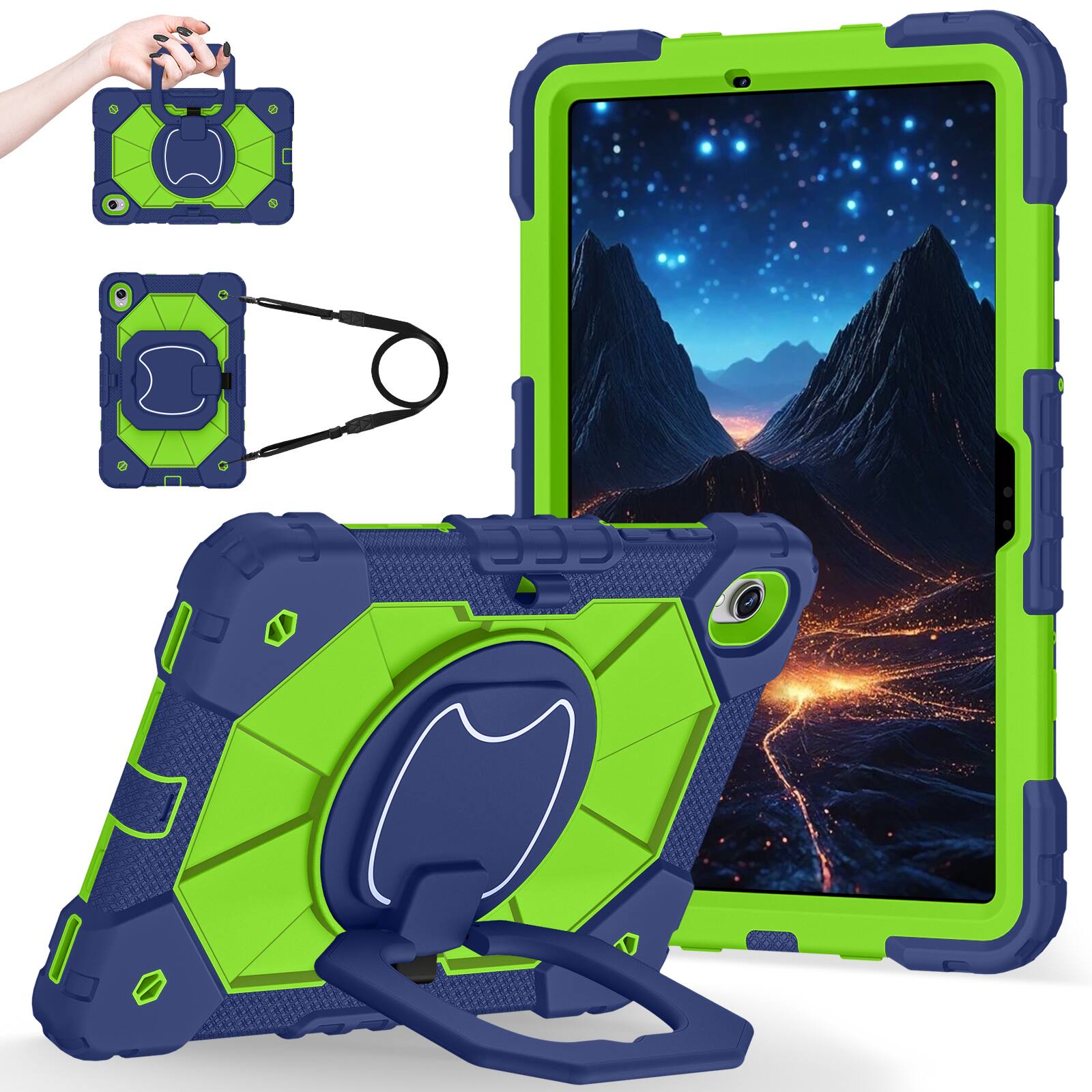 Angle. Dteck - Case for Samsung Galaxy Tab S11 2025 11-inch 3-Layer Rugged Kickstand Handle Grip Cover with Shoulder Strap - Navyblue Green.