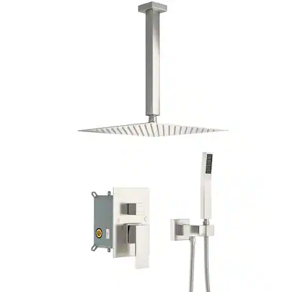 Front. Lordear - Dual Shower Head - 10 Inch Ceiling Mount Square Shower System with Rough-in Valve,Brushed Nickel - Brushed Nickel.