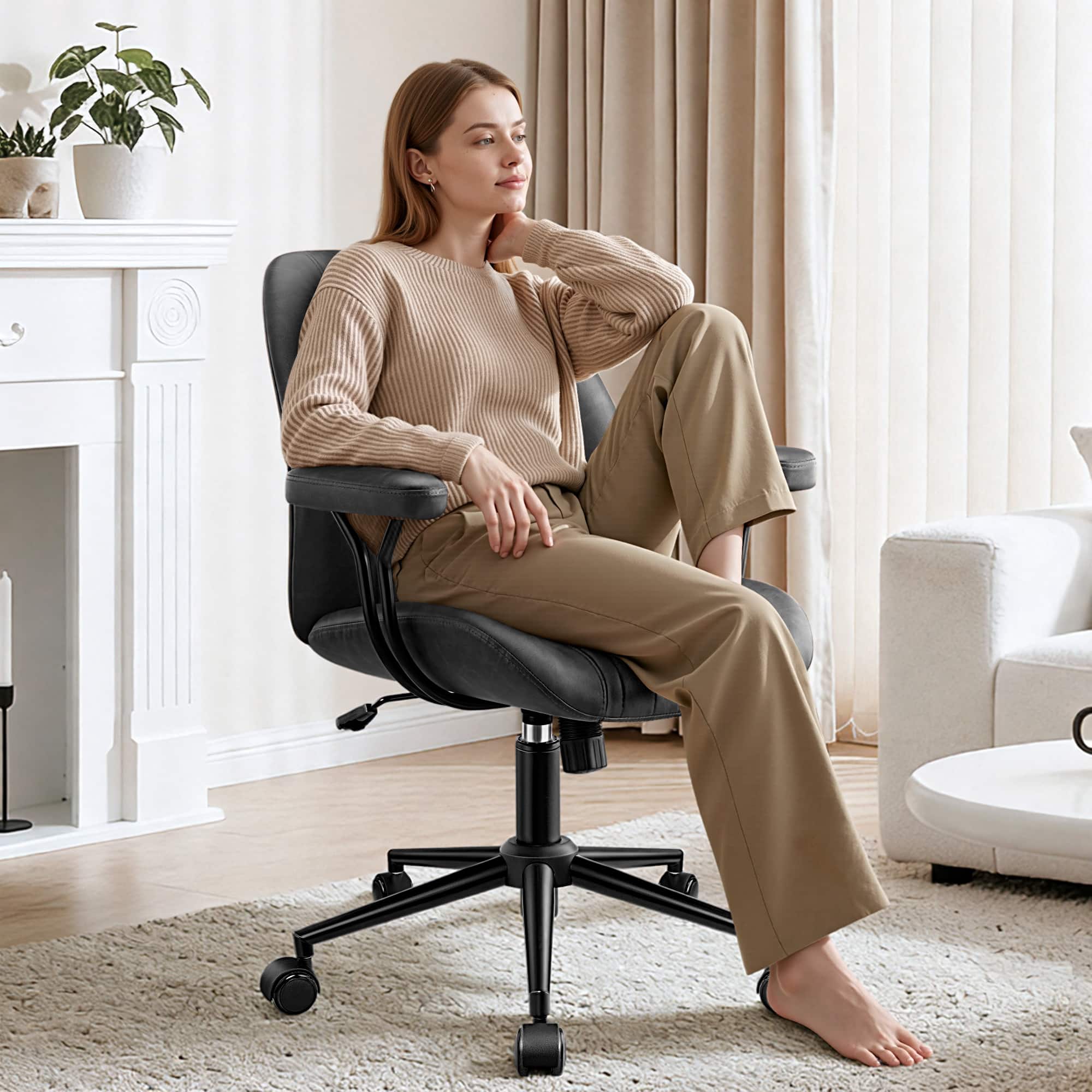 KERDOM - Mid Back Ergonomic Home Office Chair with Lumbar Support & Removable Armrest, Rocking Swivel Vanity Chair Desk Chair - Dark Gray
