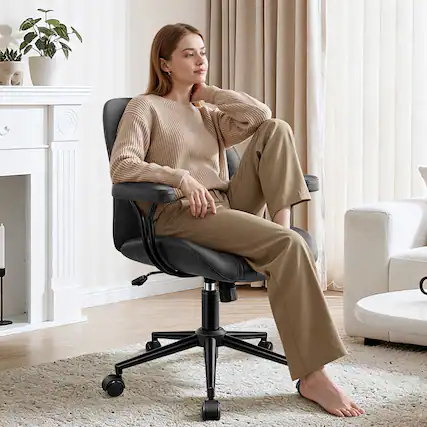 Front. KERDOM - Mid Back Ergonomic Home Office Chair with Lumbar Support & Removable Armrest, Rocking Swivel Vanity Chair Desk Chair - Dark Grey.