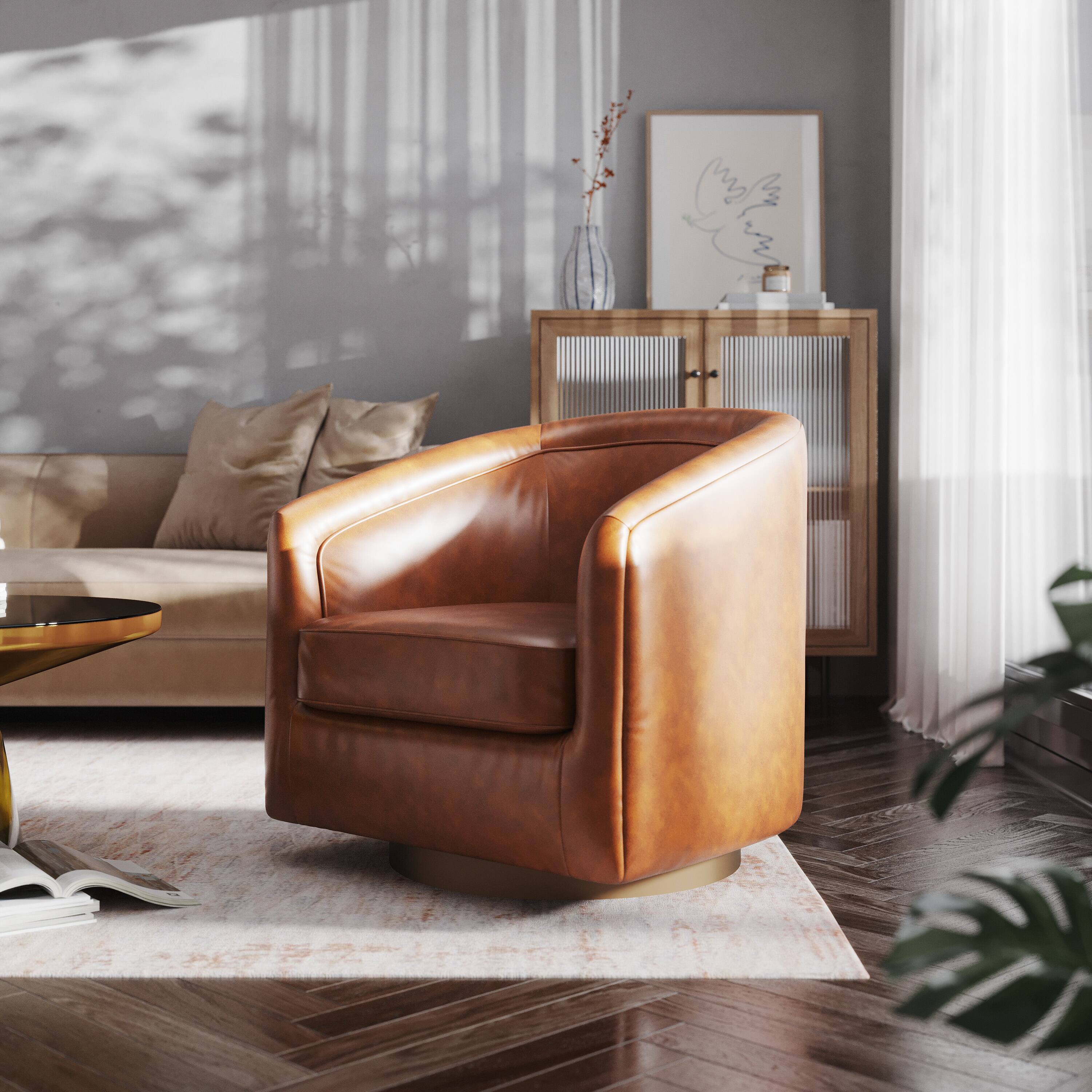 Alt View 3. Emma + Oliver - Della Club Style Barrel Accent Chair with 360 Degree Swivel Brushed Gold Vinyl Wrapped Base and Sloped Armrests - Brown Faux Leather.