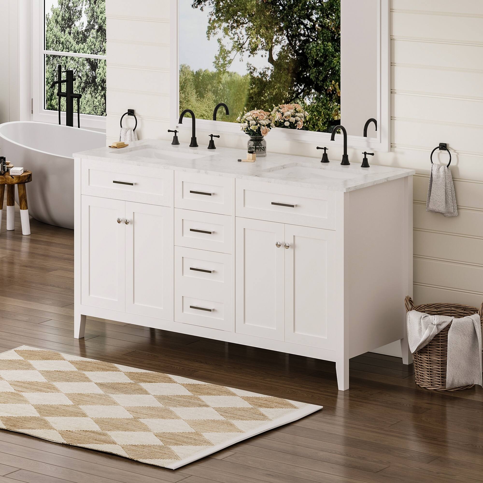 Alt View 6. U-HOMY - Modern Bathroom Vanity with Ceramic Sink, Soft-Close Storage Cabinet and Drawer, Glossy Countertop, White - 22"x60".
