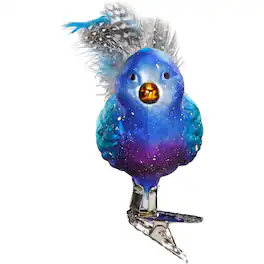 Inge Glas - Belinda Bluebird German Glass Clip-On Ornament with Feathers FREE BOX - Blue