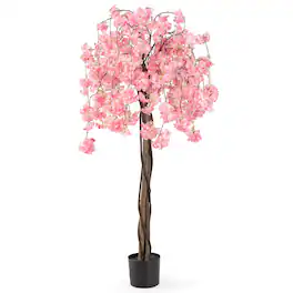 Costway - 1 PCS 5.5 FT Tall Artificial Cherry Blossom Tree with Flowers Fake Potted Tree - Pink
