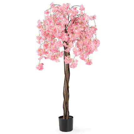 Front. Costway - Costway 1 PCS 5.5 FT Tall Artificial Cherry Blossom Tree with Pink Flowers Fake Potted Tree Pink - Pink.
