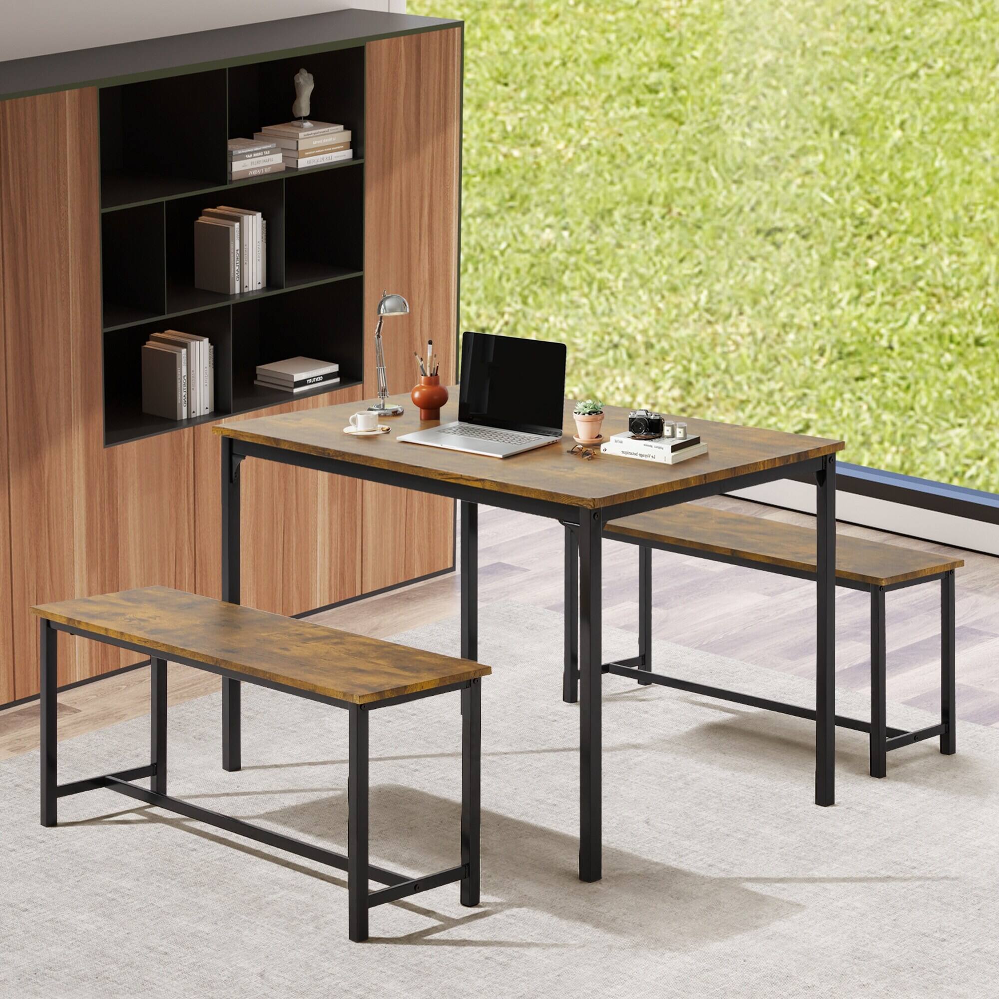 Angle. U-HOMY - 3-Piece Dining Table Set for 4-6, Faux Marble Top with PU Leather Benches and Storage Shelf - Wood&Black.