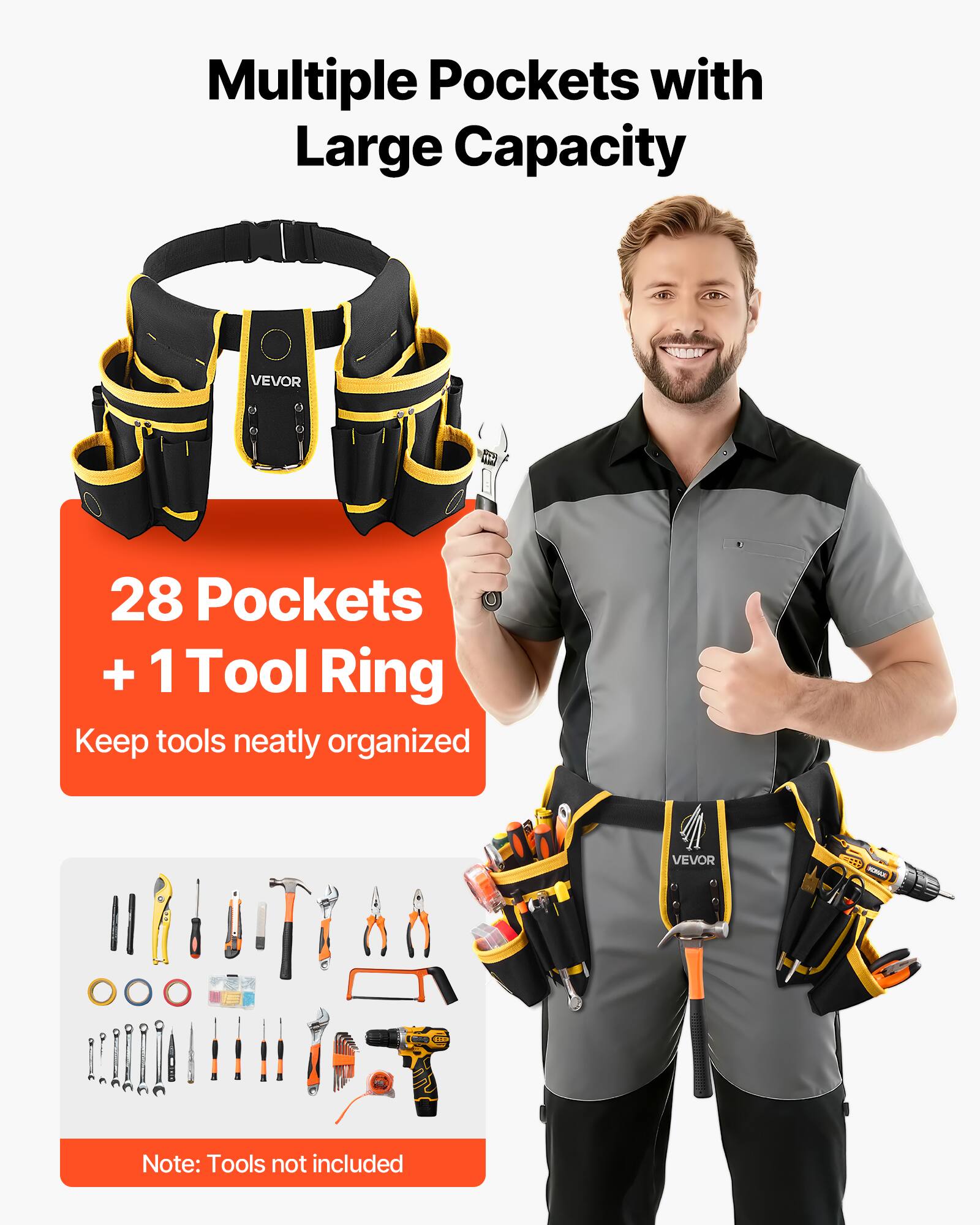 Multiple Pockets with Large Capacity

28 Pockets + 1 Tool Ring

Keep tools neatly organized

Note: Tools not included